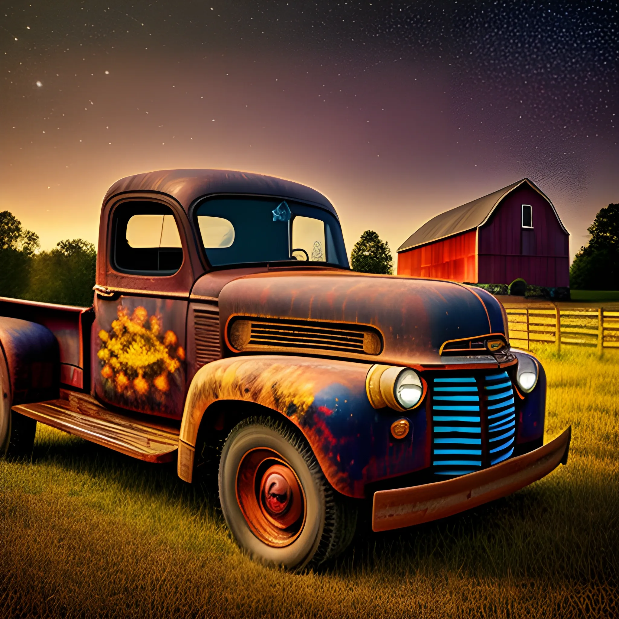 Old pickup in front of a barn, centered, symmetry, painted, intricate, volumetric lighting, beautiful, rich deep colors masterpiece, sharp focus, ultra detailed,, astrophotography