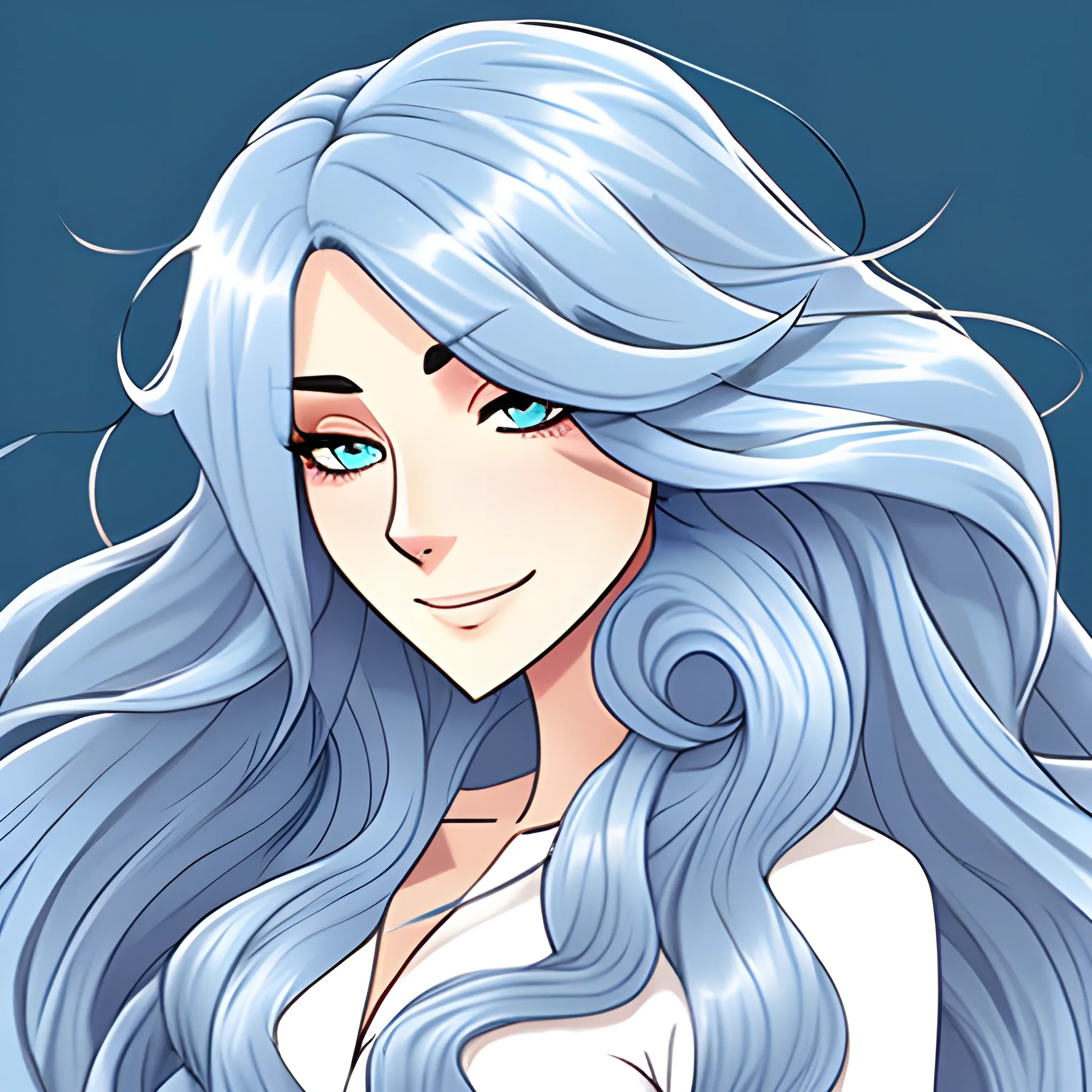 White shirt, blue coat. Long hair, slightly curly hair, light blue girl at the end of hair, Cartoon