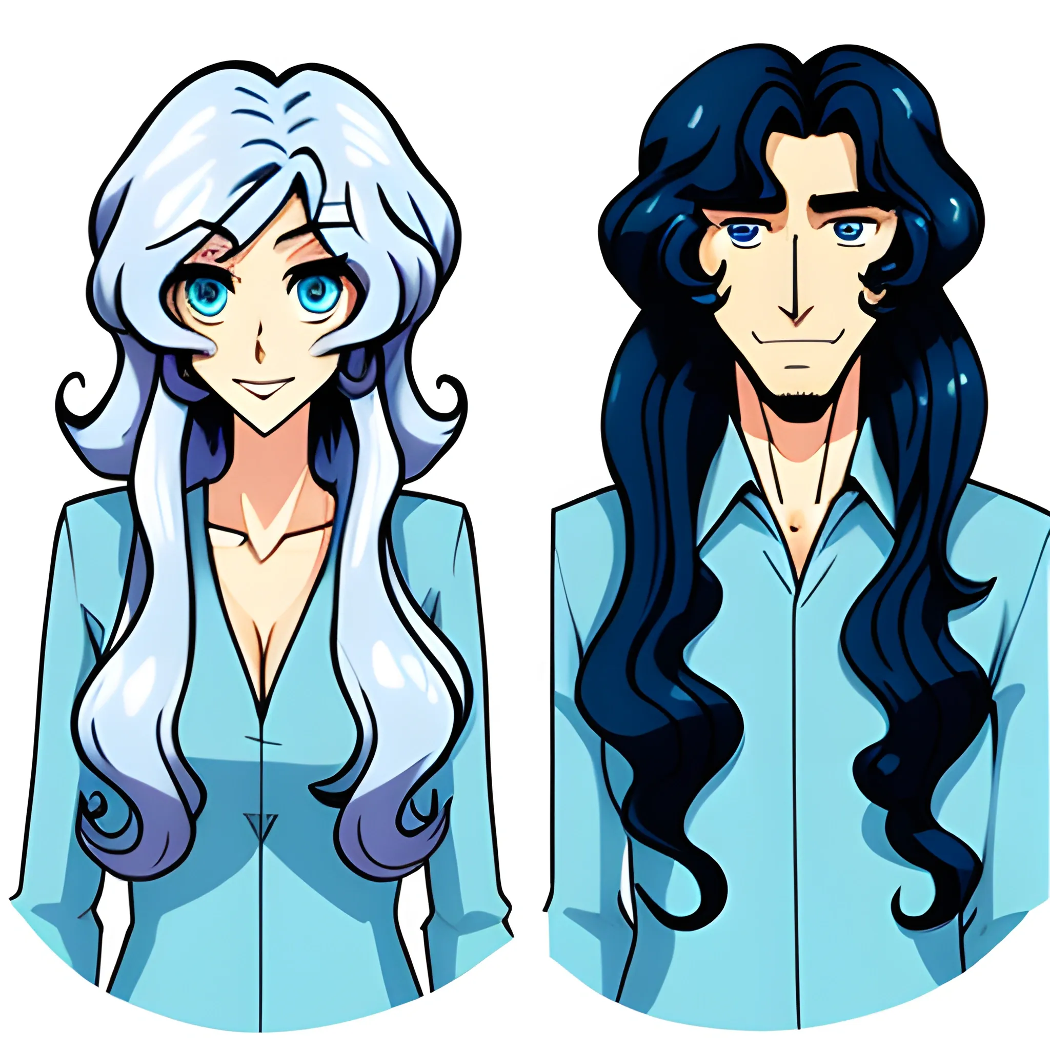 White shirt, blue coat. Long hair, slightly curly hair, light blue at the end of the hair, in their twenties, young students, cool, Cartoon