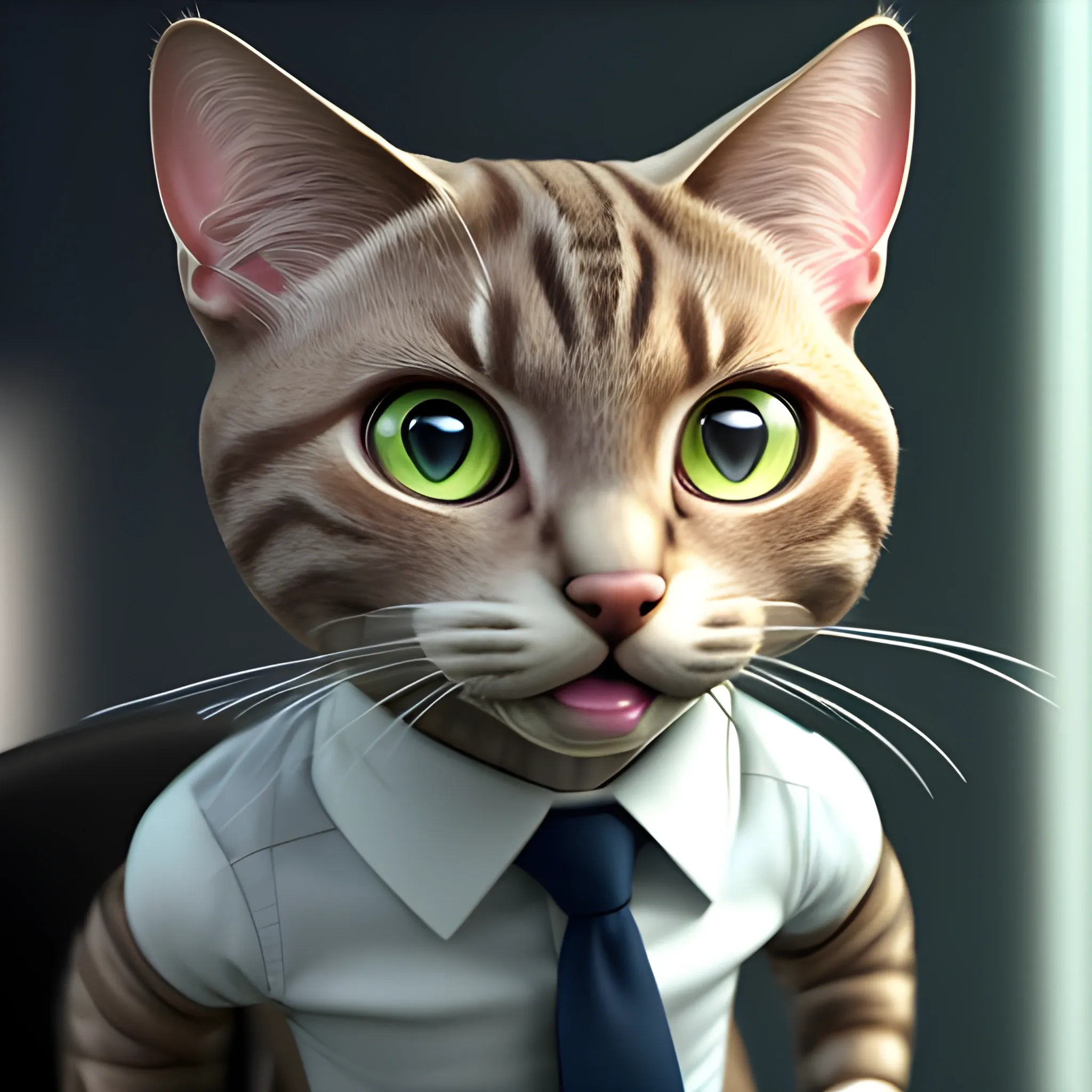 gato con cuerpo de humano, sentado en una oficina professional, caricatura, ultra hd, luces cinematrograficas
