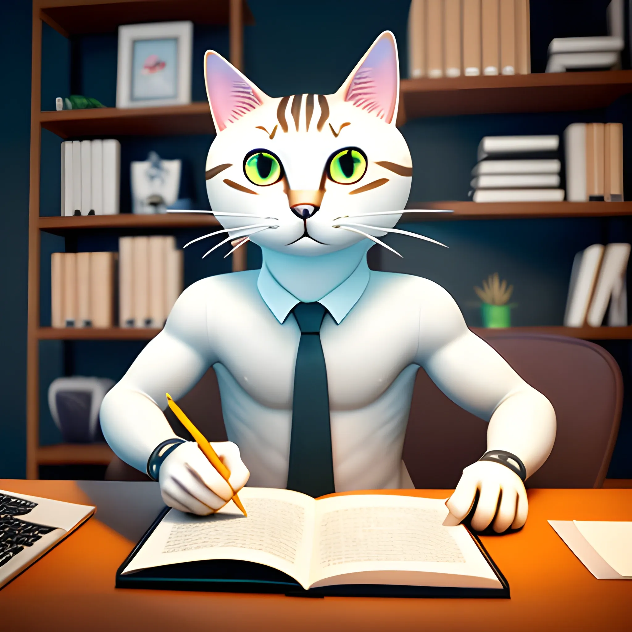 gato con cuerpo de humano, sentado en una oficina professional como fondo, la oficina tiene una lampara, escritorio, y muchos libros, caricatura, ultra hd, luces cinematrograficas, color de ojos cafe claro