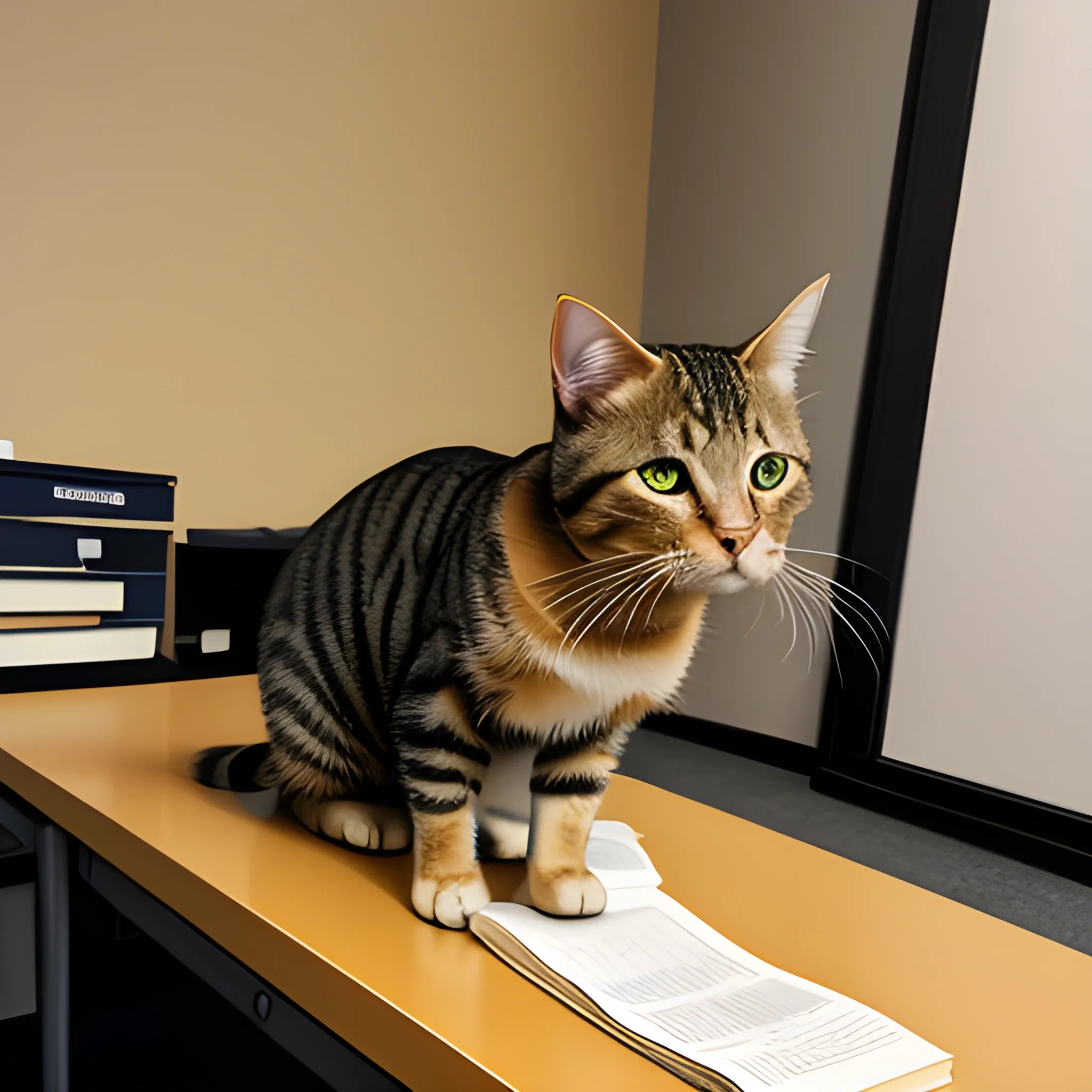 Tabby cat sitting in the middle of a professional office, the office has a desk and many books, the cat has golden eyes, 