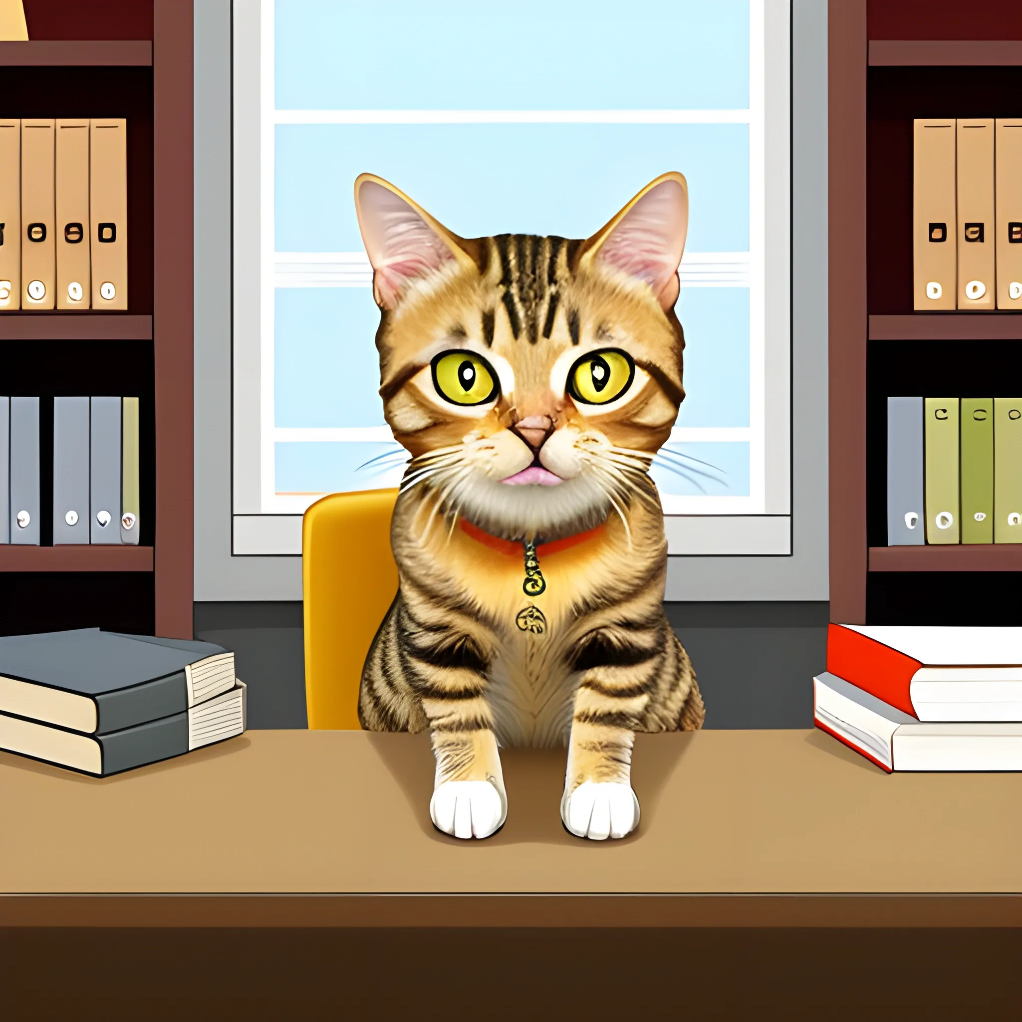 Tabby cat sitting in the middle of a professional office, caricature, the office has a desk and many books, the cat has golden eyes, 