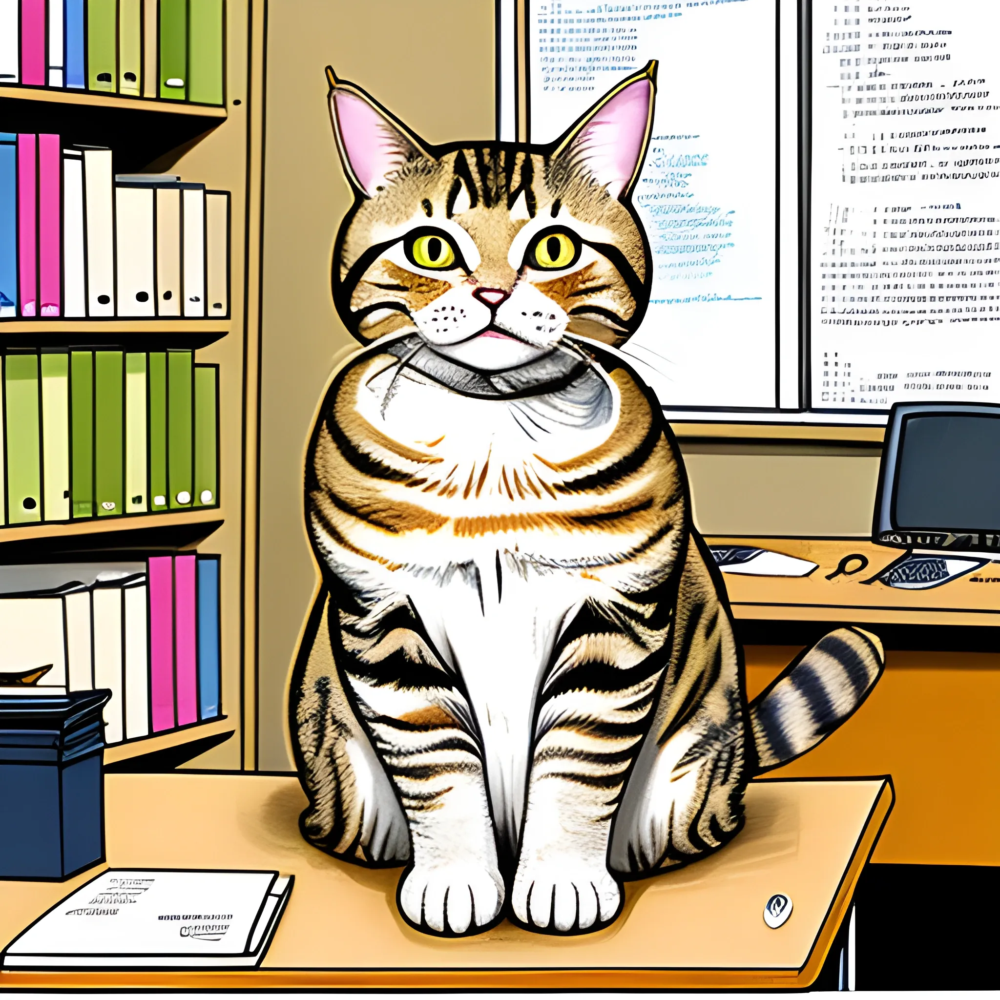 Tabby cat sitting in the middle of a professional office, caricature, the cat has a human body, 185 pounds, the office has a desk and many books, the cat has golden eyes, 