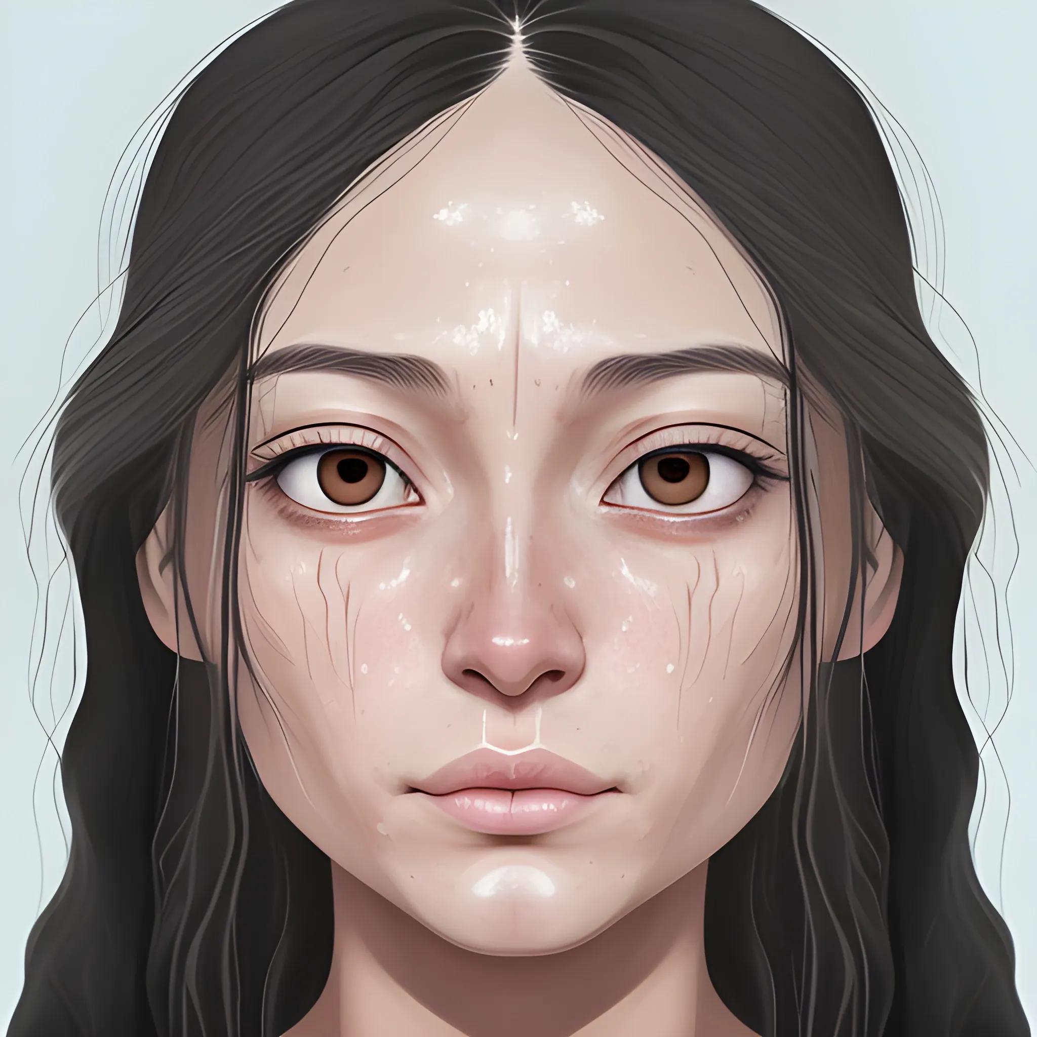 a close up of a person with long hair, inspired by Ksenia Milicevic, reddit, tachisme, sweaty skin dripping down face, south east asian with round face, front camera, frontal picture