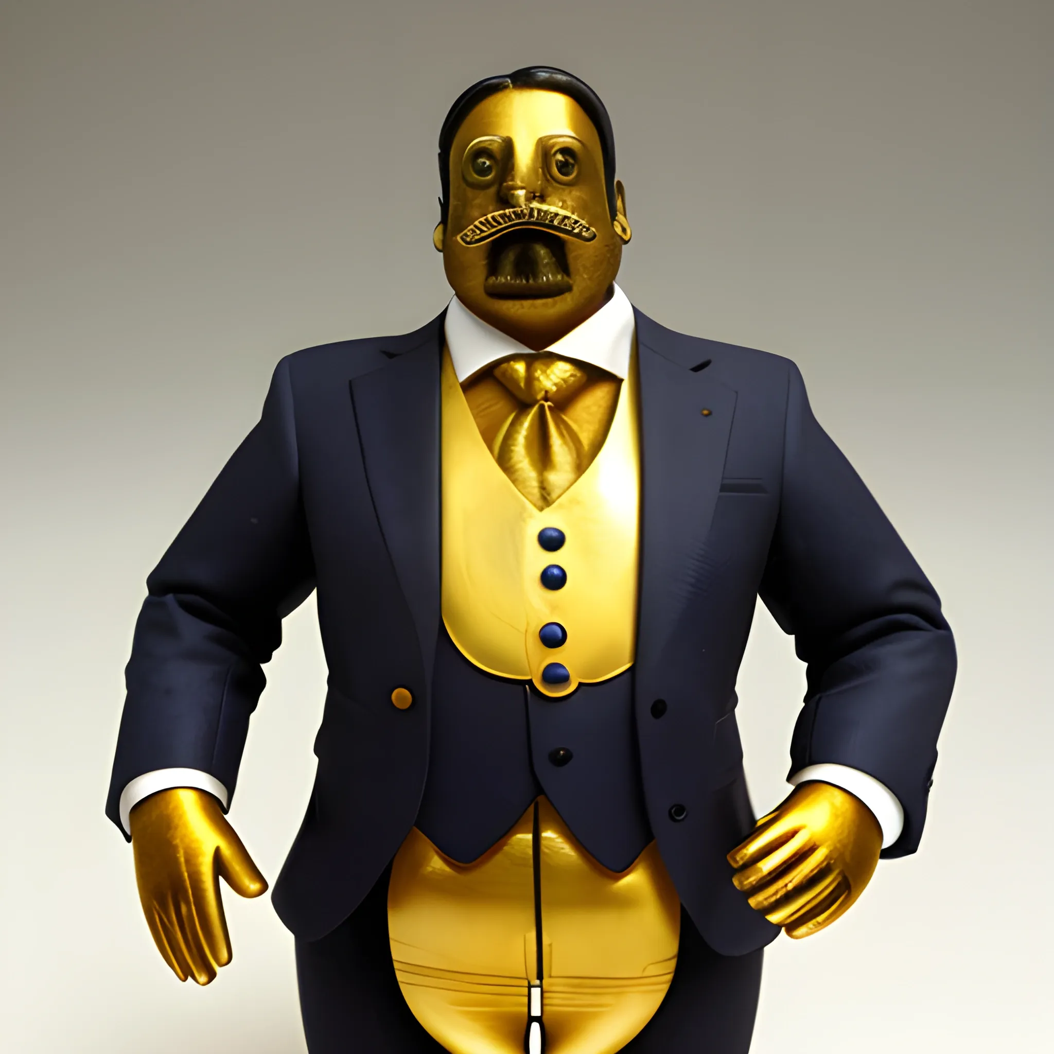 Chancho Jabalí humanizado.
Vestido con traje y corbata.
Accesorios anillos, reloj de oro.
Pose sentado detrás de un escritorio. 
Escena de banco financiero. 