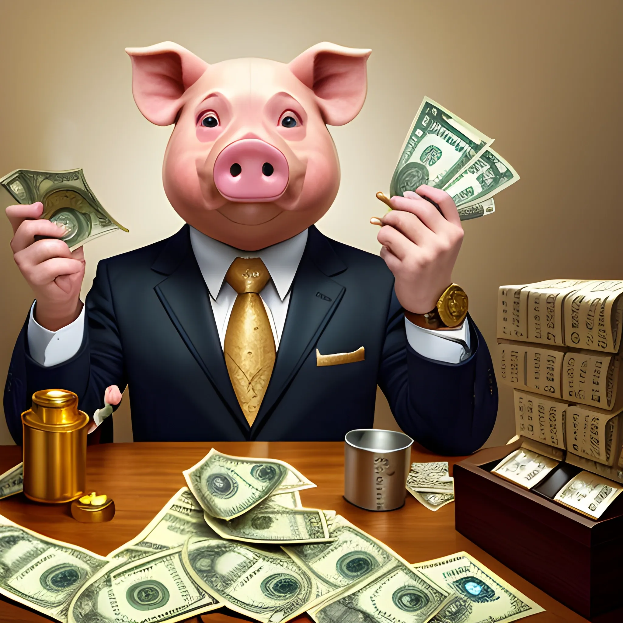 a humanized pig dressed in a suit, equipped with a watch and gold rings, smoking a fan, who is sitting at a bank desk and smoking while counting dollar bills.