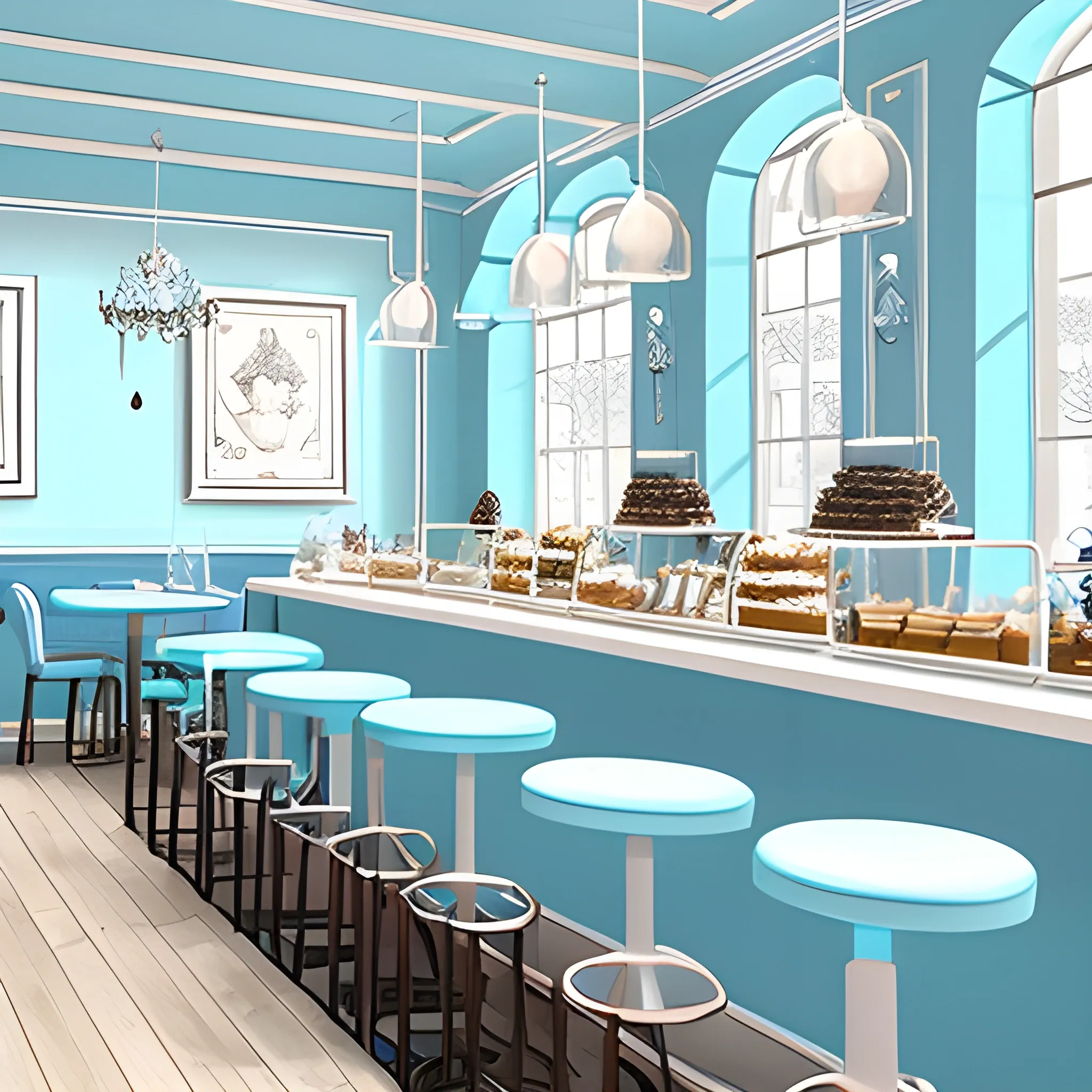 Draw an interior of a pastry shop, light blue in color, with simple but striking decoration.