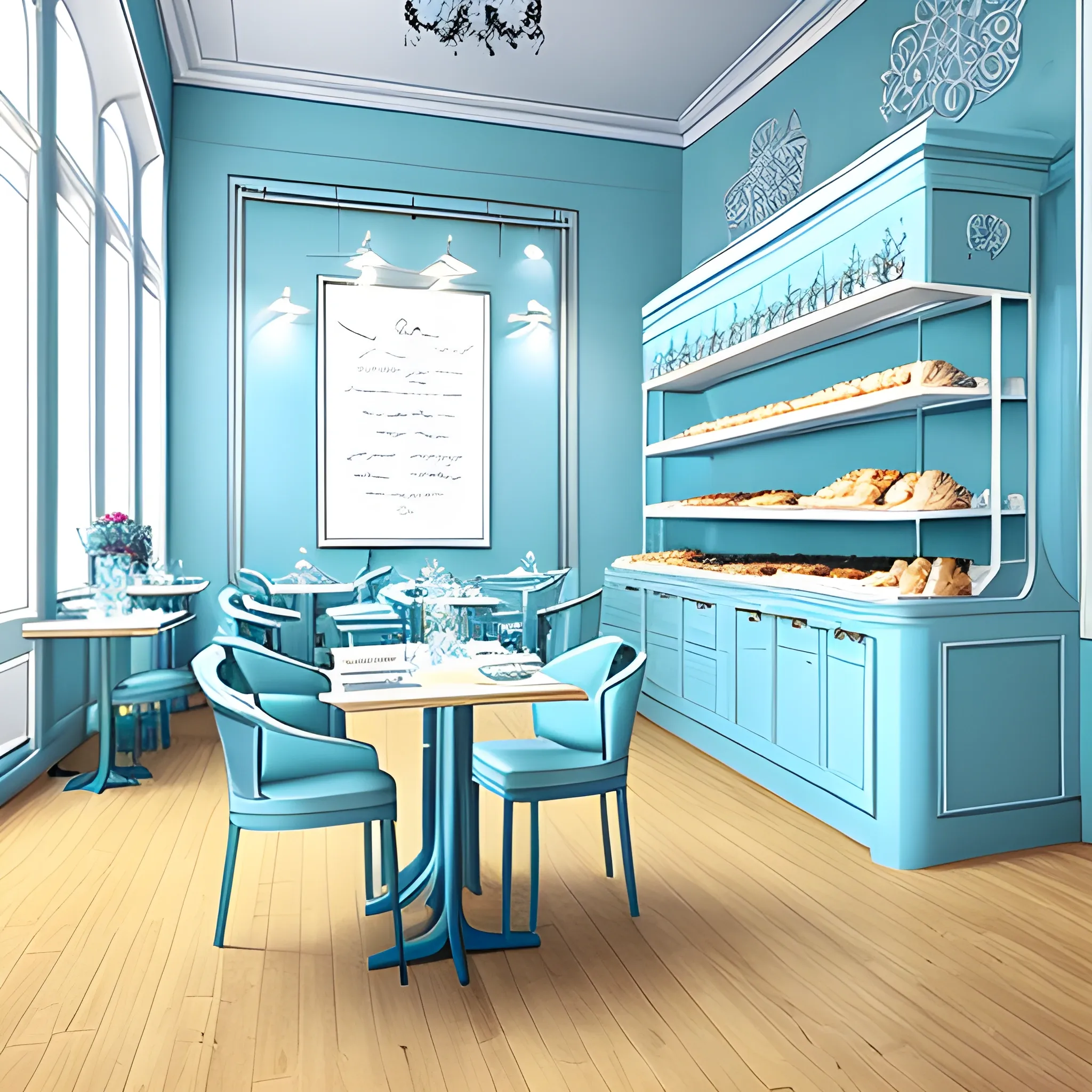 Draw an interior of a pastry shop, light blue in color, with simple but striking decoration.