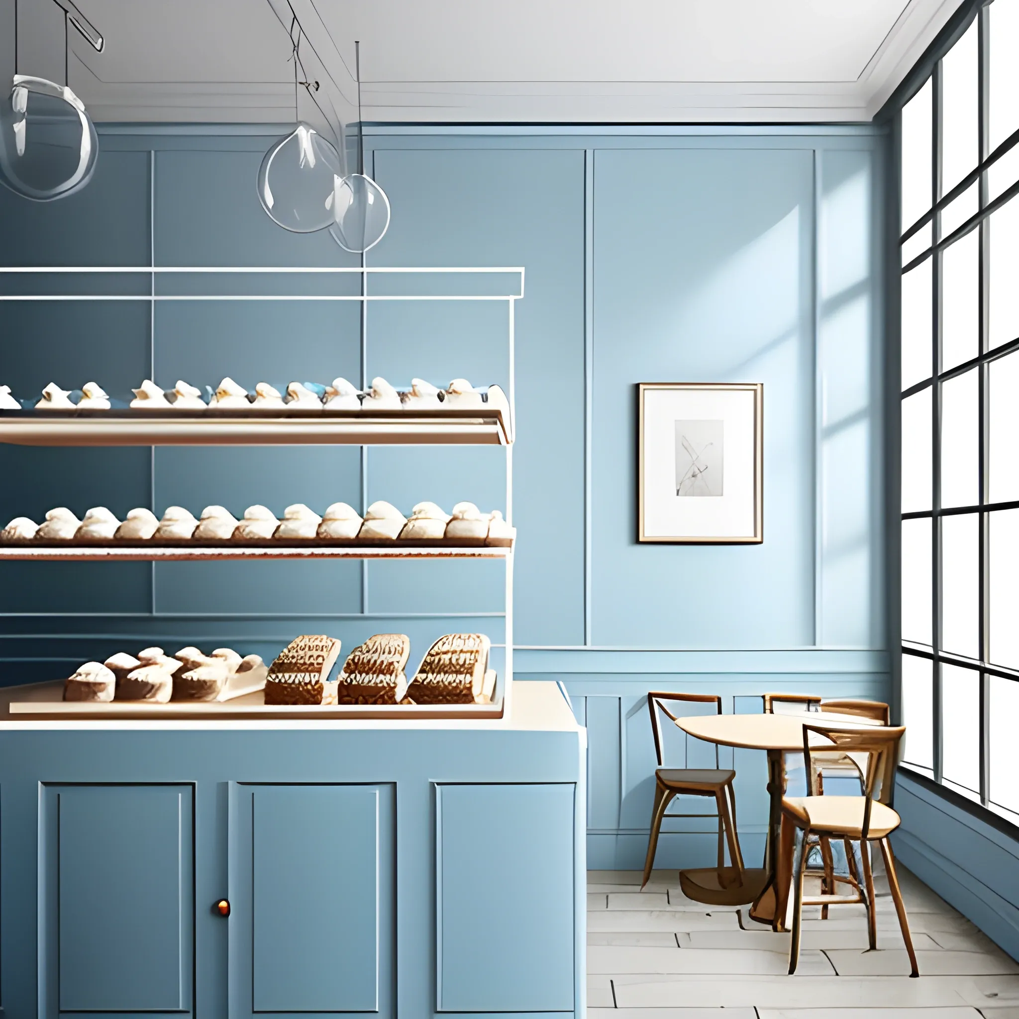 Draw the interior of a pastry shop, light blue in color, with simple but striking decoration, without much glassware or much shine, a cozy but minimalist atmosphere.