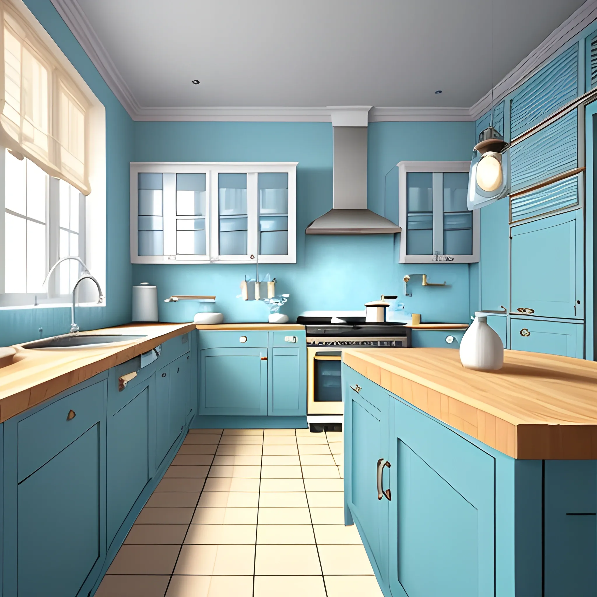 Draw the interior of the kitchen of a pastry shop, light blue in color, with simple but striking decoration, without much glassware or much shine, a cozy but minimalist atmosphere.