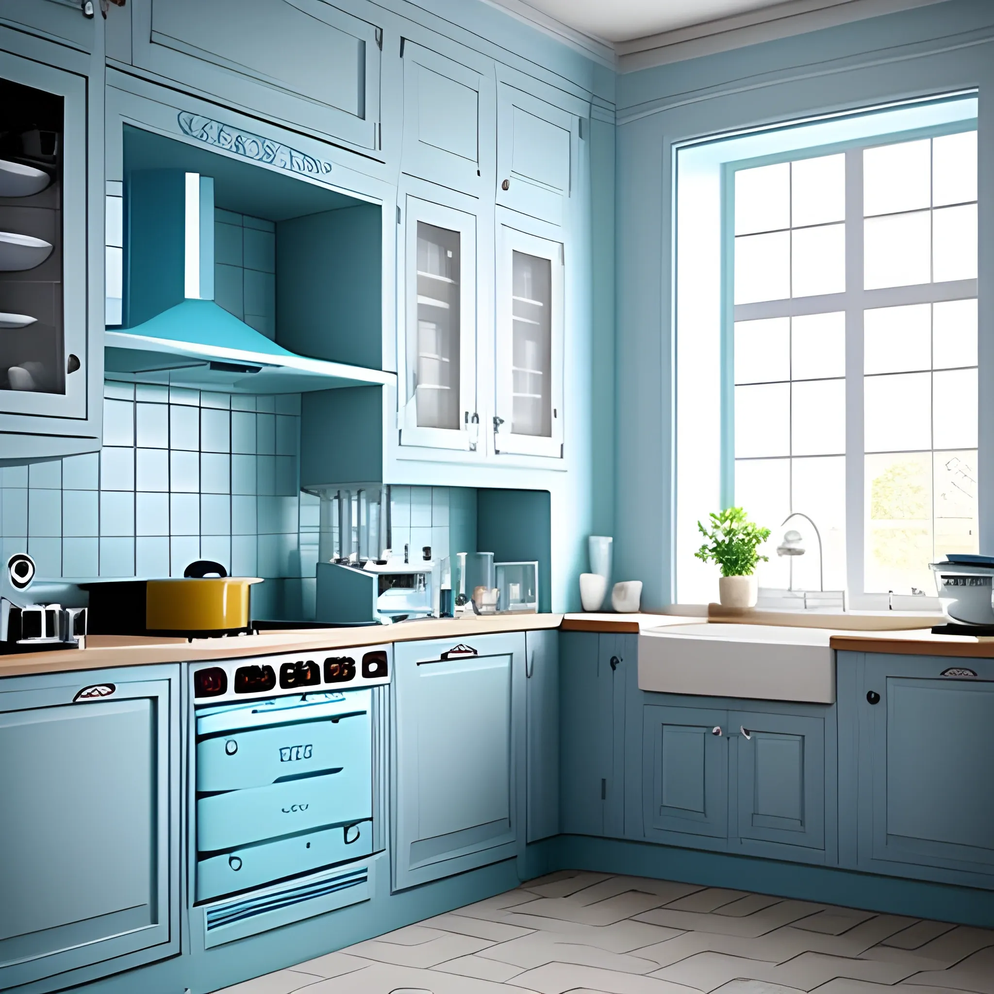 Draw the interior of the kitchen of a pastry shop, light blue in color, with simple but striking decoration, without much glassware or much shine, a cozy but minimalist atmosphere. no stained glass, just electric light