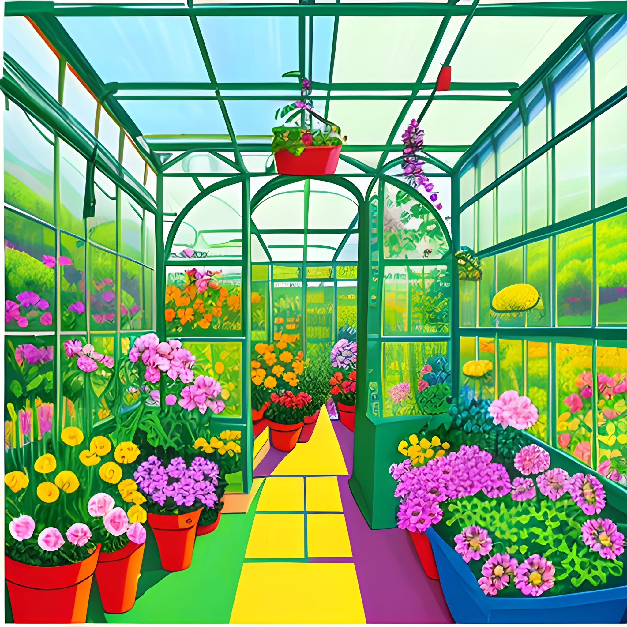 pop art style painting that captures the essence of gardening plants and flowers, greenhouse, forest, outdoors, mountains, Oil Painting