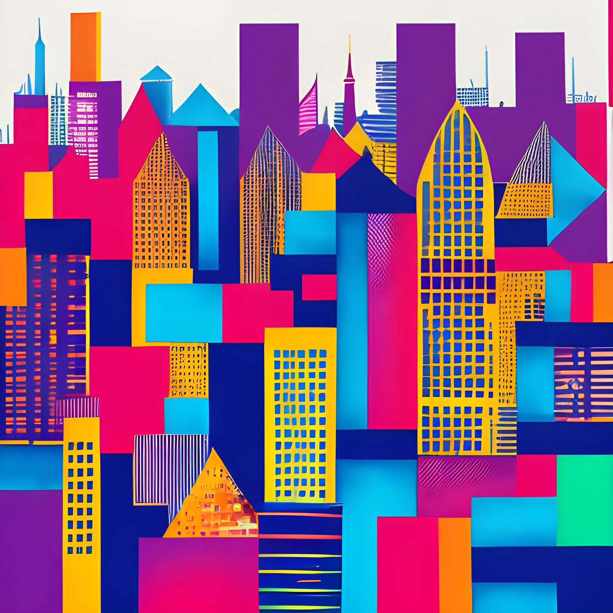 Infuse the energy and dynamism of urban life into abstract patterns, using a mix of vibrant colors, geometric shapes, and cityscape elements.