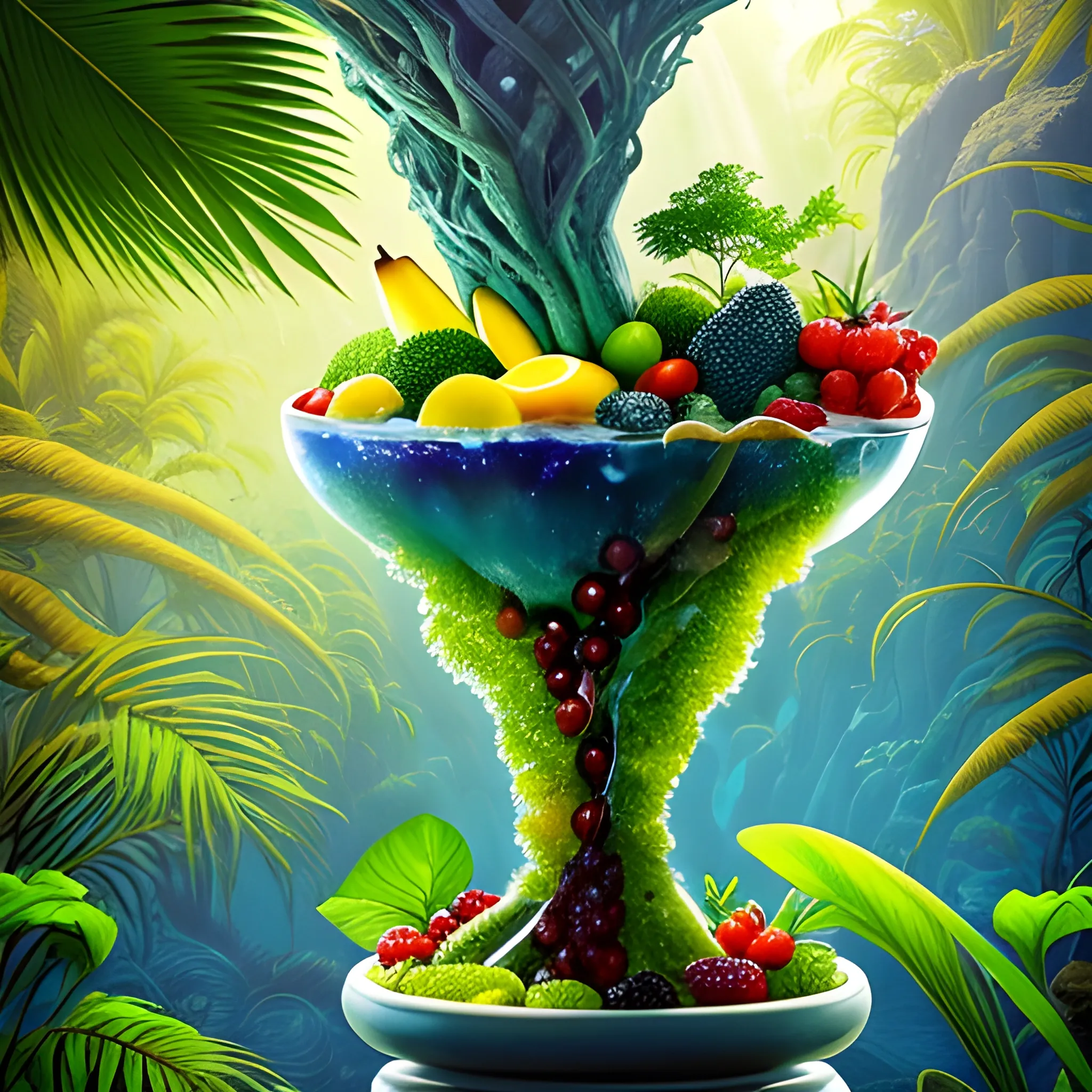 1. Begin by creating a surrealistic background  a cup of sangria with vibrant and lush tropical scenery. Use bold and contrasting colors to depict the foliage of the trees and the surrounding landscape.
2. Incorporate surreal elements like towering trees emerging from the drink, their branches extending towards the sky. Let your imagination guide you as you create unique and fantastical tree formations.
3. Integrate hidden or partially visible caves or grottoes within the drink, giving the impression of an otherworldly oasis. Use intricate details and lighting to create an alluring and mysterious atmosphere.
4. Along the base of the wine glass, place a variety of refreshing fruits like apples, grapes, bananas, and pineapple. Play with their sizes and positions, allowing them to blend seamlessly into the composition.
5. Use vibrant and juicy colors for the fruits to enhance their refreshing appeal. Consider adding droplets of water on their surfaces to emphasize their coolness.
6. Incorporate subtle reflections and refractions on the glass surface to add a touch of realism. This will enhance the visual impact of the fruits and the surrounding environment.
7. Experiment with lighting to create a sense of sunlight filtering through the tropical foliage. Play with rays of light, casting shadows and illuminating certain areas to enhance the depth and atmosphere of the image.
8. Pay attention to the overall composition and ensure a harmonious balance between the surreal elements, the fruits, and the surrounding scenery. Continuously evaluate the visual impact and make necessary adjustments as needed.
9. Lastly, make sure the overall image conveys a sense of refreshment and tranquility. Use colors, textures, and details to evoke a feeling of coolness and relaxation.