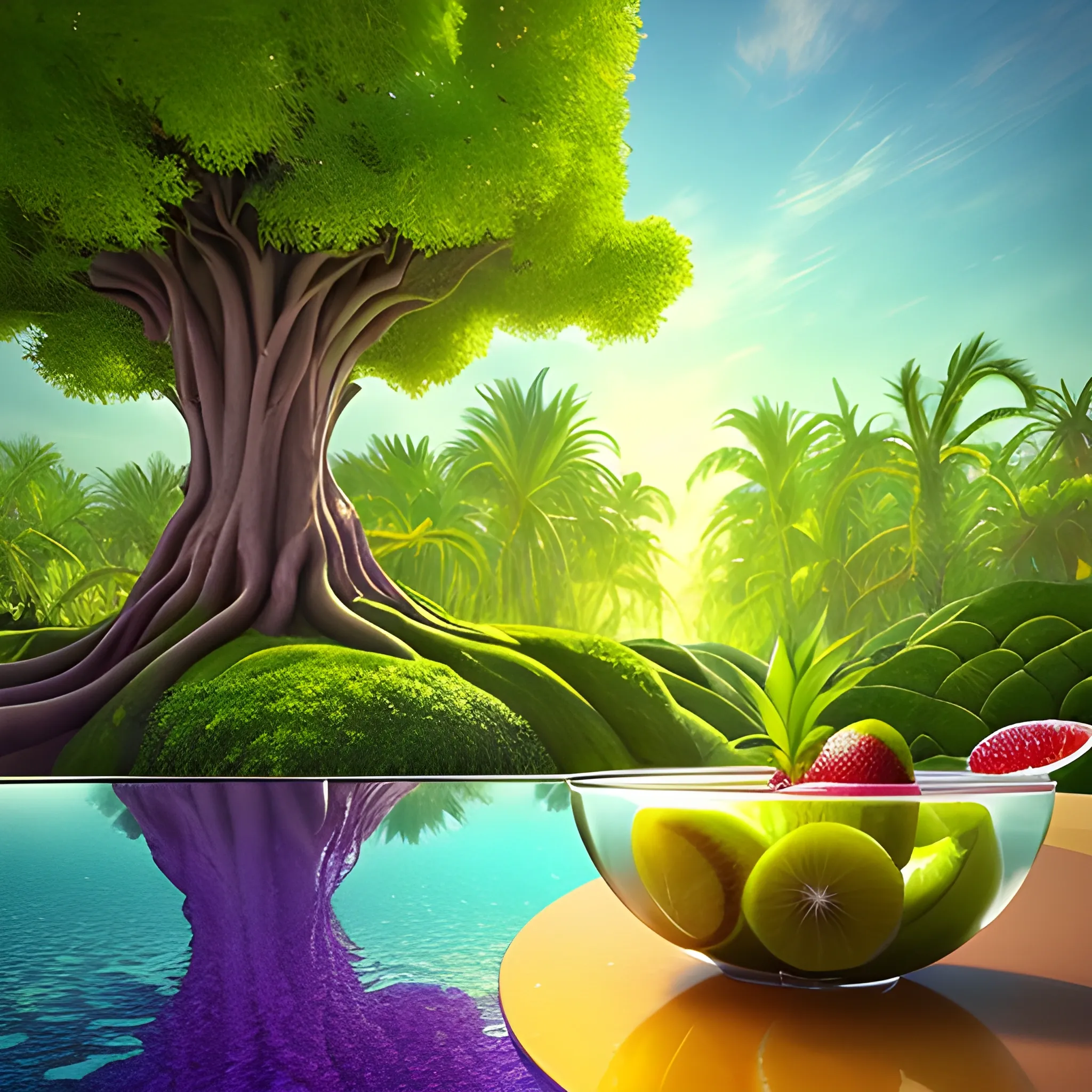 1. Begin by creating a surrealistic background with vibrant and lush tropical scenery. Use bold and contrasting colors to depict the foliage of the trees and the surrounding landscape.
2. Incorporate surreal elements like towering trees emerging from the drink, their branches extending towards the sky. Let your imagination guide you as you create unique and fantastical tree formations.
3. Integrate hidden or partially visible caves or grottoes within the drink, giving the impression of an otherworldly oasis. Use intricate details and lighting to create an alluring and mysterious atmosphere.
4. Along the base of the wine glass, place a variety of refreshing fruits like apples, grapes, bananas, and pineapple. Play with their sizes and positions, allowing them to blend seamlessly into the composition.
5. Use vibrant and juicy colors for the fruits to enhance their refreshing appeal. Consider adding droplets of water on their surfaces to emphasize their coolness.
6. Incorporate subtle reflections and refractions on the glass surface to add a touch of realism. This will enhance the visual impact of the fruits and the surrounding environment.
7. Experiment with lighting to create a sense of sunlight filtering through the tropical foliage. Play with rays of light, casting shadows and illuminating certain areas to enhance the depth and atmosphere of the image.
8. Pay attention to the overall composition and ensure a harmonious balance between the surreal elements, the fruits, and the surrounding scenery. Continuously evaluate the visual impact and make necessary adjustments as needed.
9. Lastly, make sure the overall image conveys a sense of refreshment and tranquility. Use colors, textures, and details to evoke a feeling of coolness and relaxation.