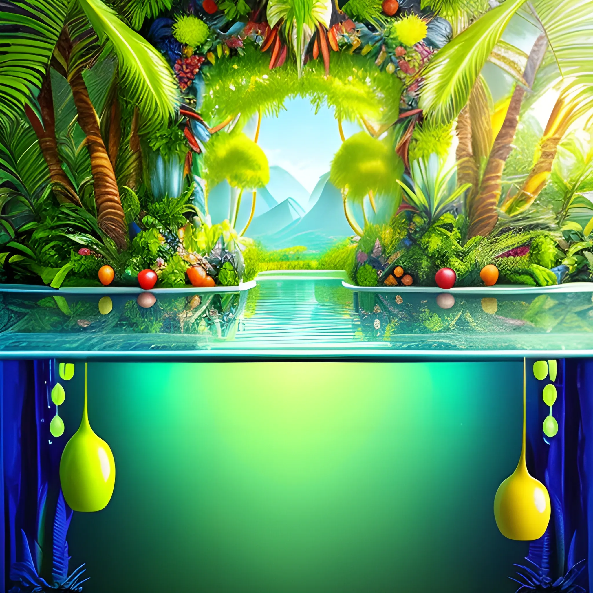 1. Begin by creating a surrealistic background with vibrant and lush tropical scenery. Use bold and contrasting colors to depict the foliage of the trees and the surrounding landscape.
2. Incorporate surreal elements like towering trees emerging from the drink, their branches extending towards the sky. Let your imagination guide you as you create unique and fantastical tree formations.
3. Integrate hidden or partially visible caves or grottoes within the drink, giving the impression of an otherworldly oasis. Use intricate details and lighting to create an alluring and mysterious atmosphere.
4. Along the base of the wine glass, place a variety of refreshing fruits like apples, grapes, bananas, and pineapple. Play with their sizes and positions, allowing them to blend seamlessly into the composition.
5. Use vibrant and juicy colors for the fruits to enhance their refreshing appeal. Consider adding droplets of water on their surfaces to emphasize their coolness.
6. Incorporate subtle reflections and refractions on the glass surface to add a touch of realism. This will enhance the visual impact of the fruits and the surrounding environment.
7. Experiment with lighting to create a sense of sunlight filtering through the tropical foliage. Play with rays of light, casting shadows and illuminating certain areas to enhance the depth and atmosphere of the image.
8. Pay attention to the overall composition and ensure a harmonious balance between the surreal elements, the fruits, and the surrounding scenery. Continuously evaluate the visual impact and make necessary adjustments as needed.
9. Lastly, make sure the overall image conveys a sense of refreshment and tranquility. Use colors, textures, and details to evoke a feeling of coolness and relaxation.