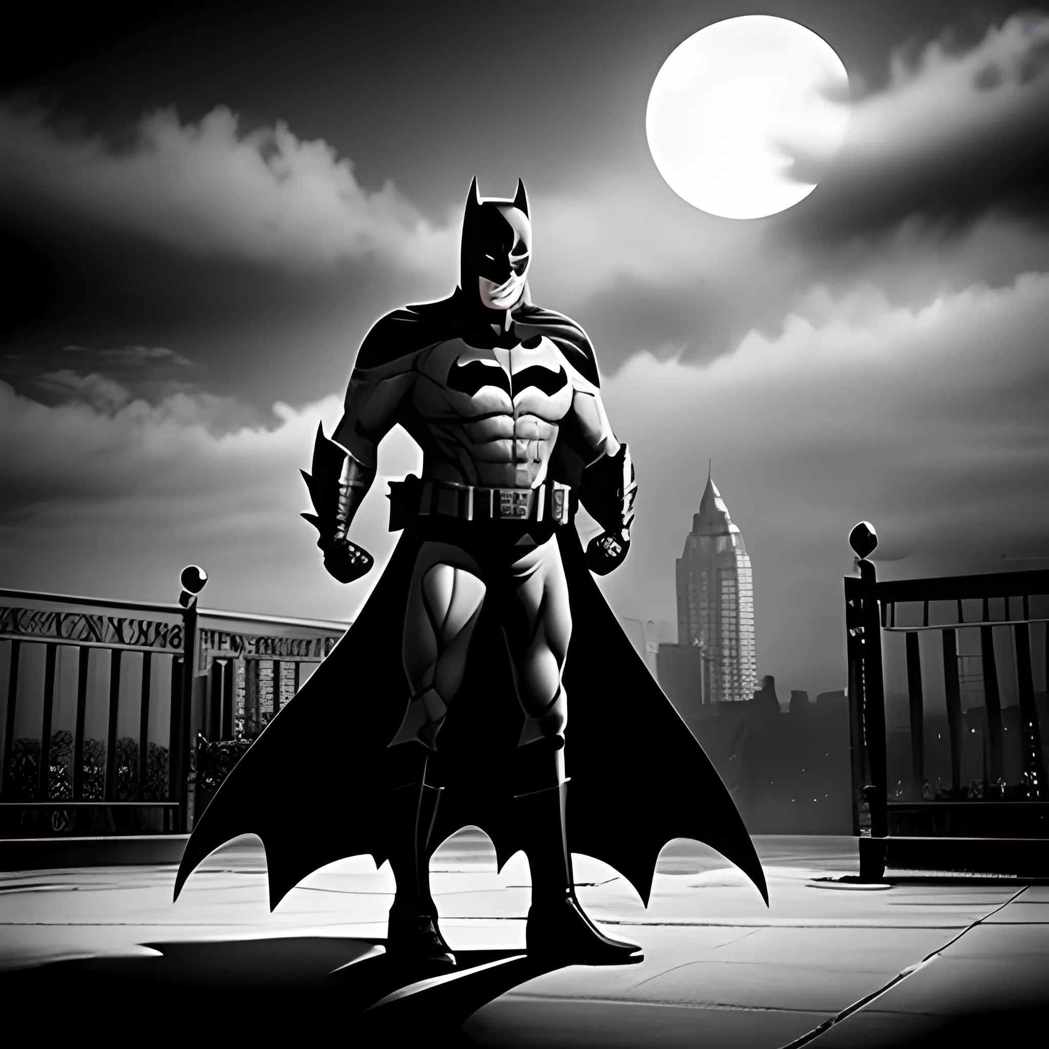 batman stading in the shadows, noir, black and white.