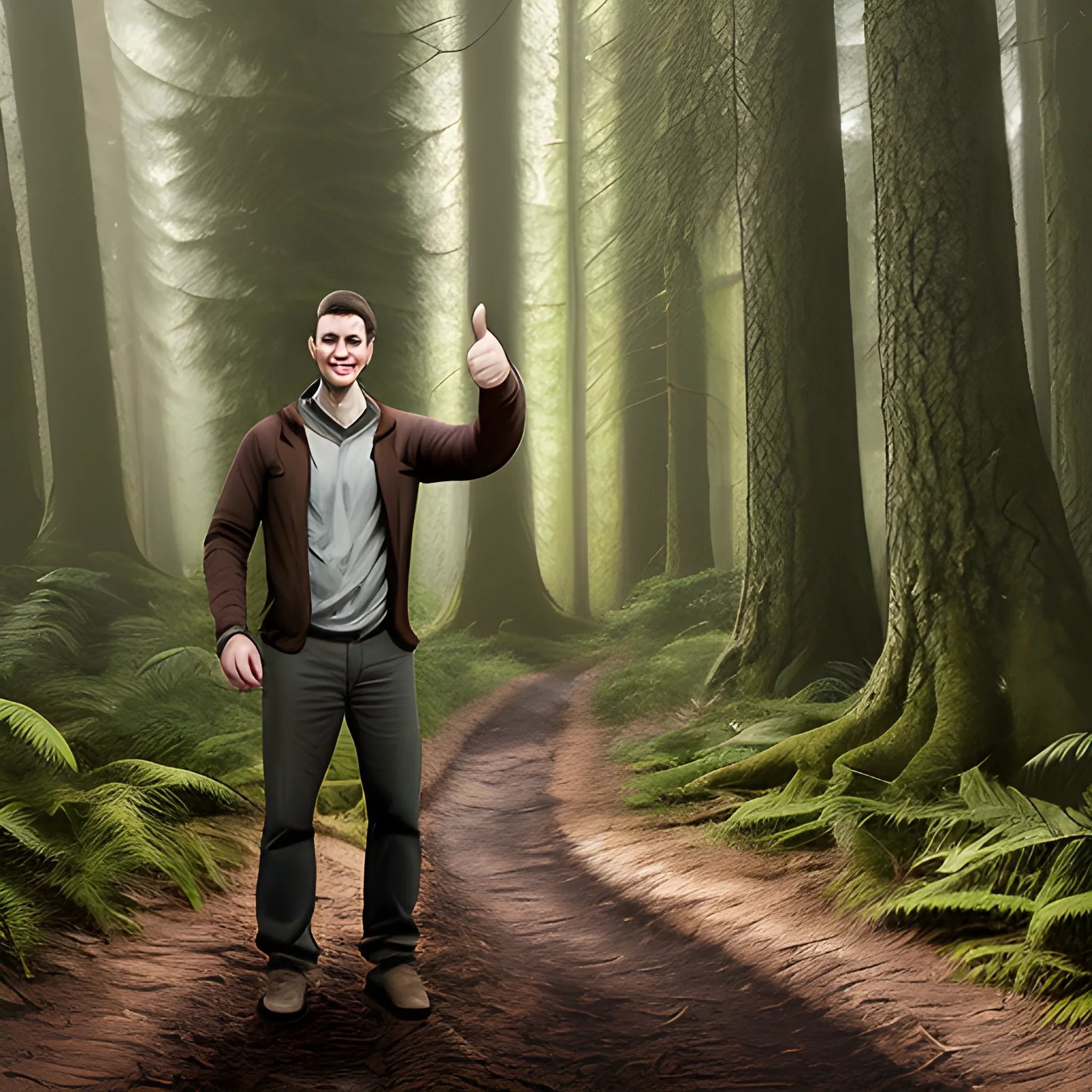 a man with a thumbs up in the woods, realistic