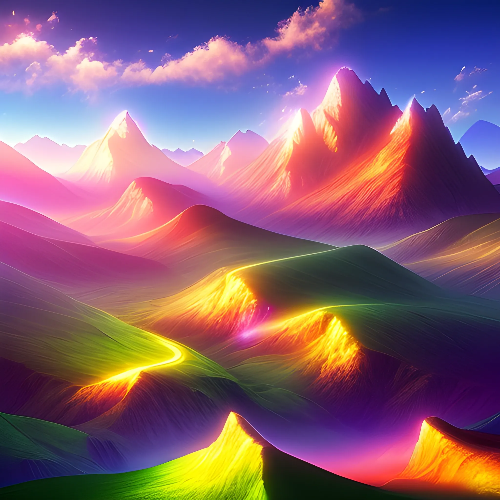 magic valley with magical light emitting and magic particles with cloud digital art high details