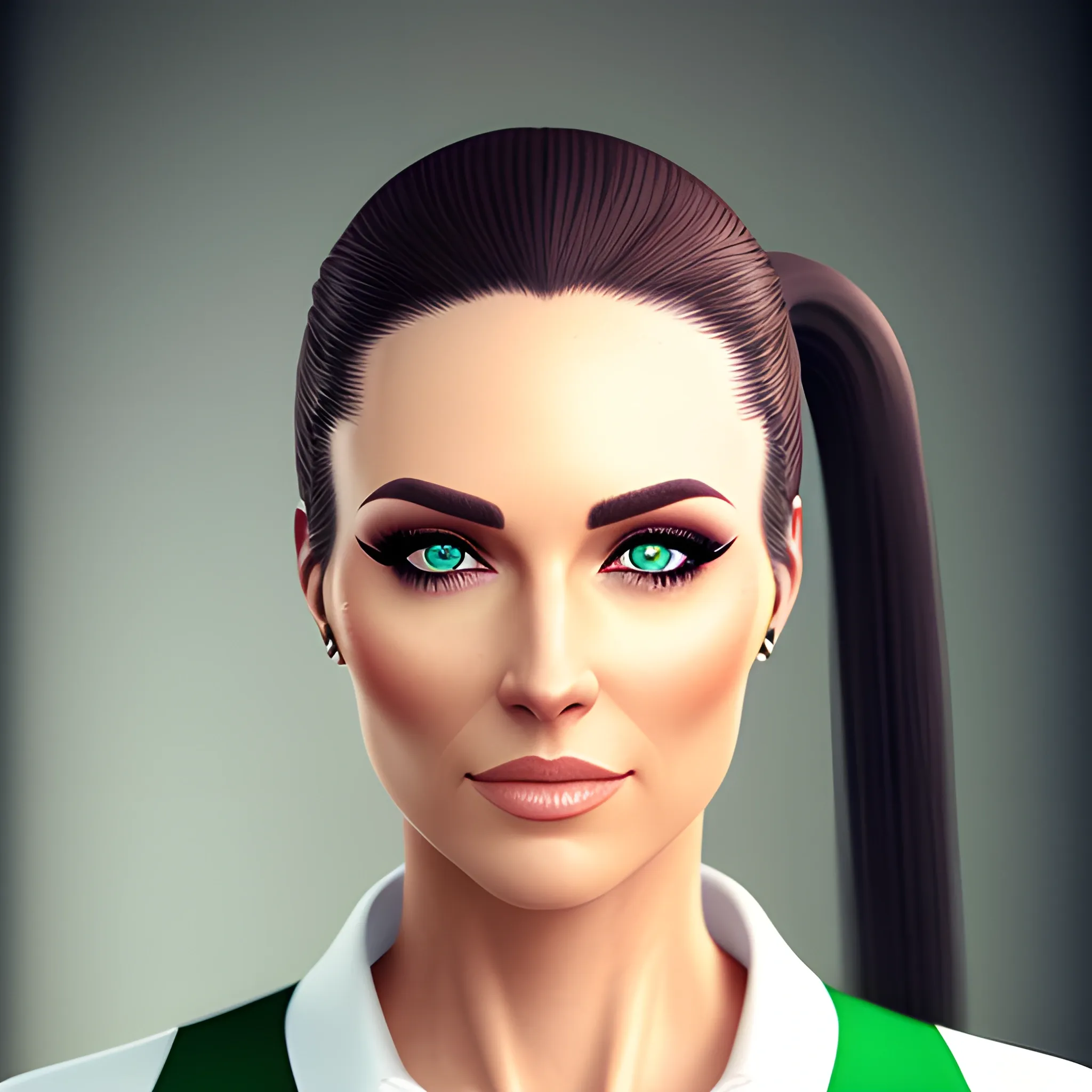 a young teen indian school girl in a modern school dress with pony tail having green eyes high details realastic skin texture 