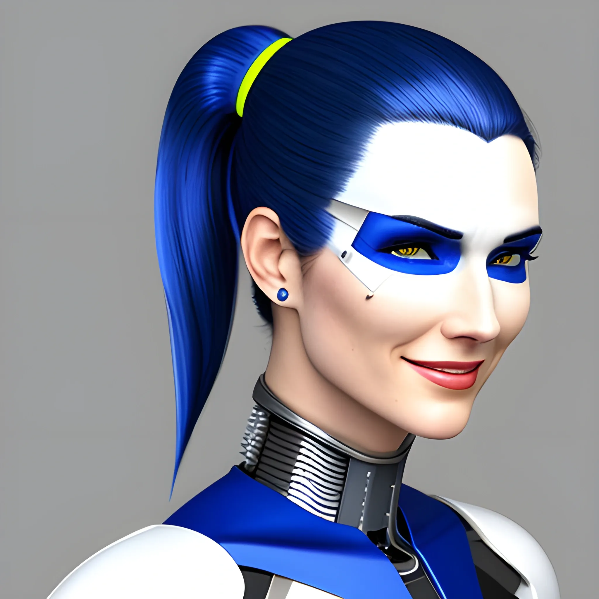 a cyborg teen girl in school dress of white and blue high details and circuits line on face like cyborg and smiling into camera with pony tail hair and real skin texture