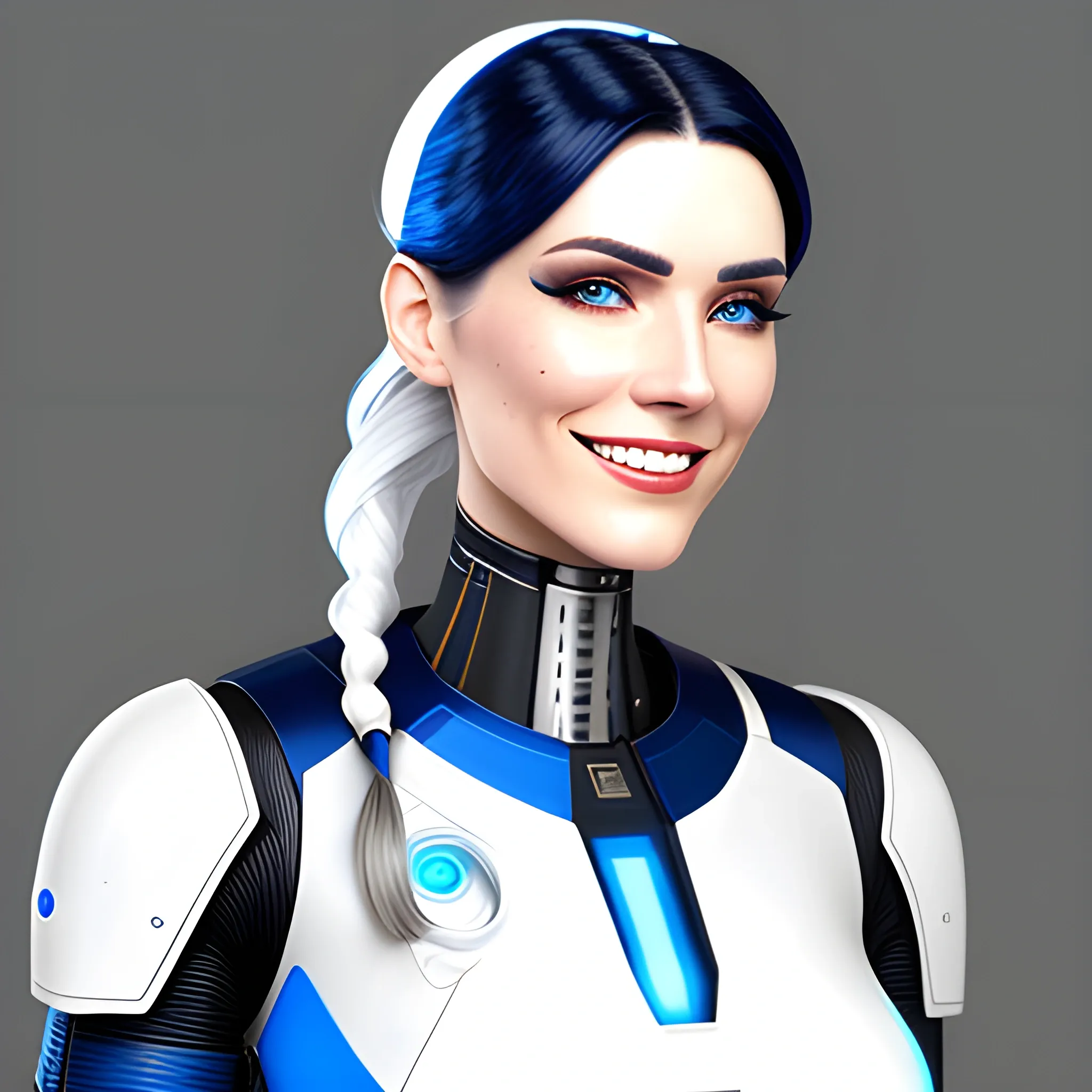 a cyborg teen girl in school dress of white and blue high details and circuits line on face like cyborg and smiling into camera with pony tail hair 