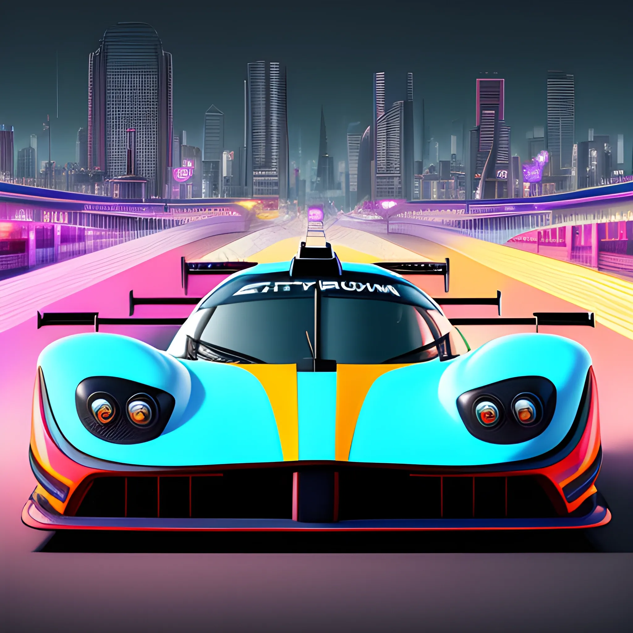 a portrait of a fast running racing car, modern city in the background, colorful, hyperdetailed, intricate, concept art, smooth, 3d, 8k resolution wallpaper, trending on artstation, Trippy, pagani zonda