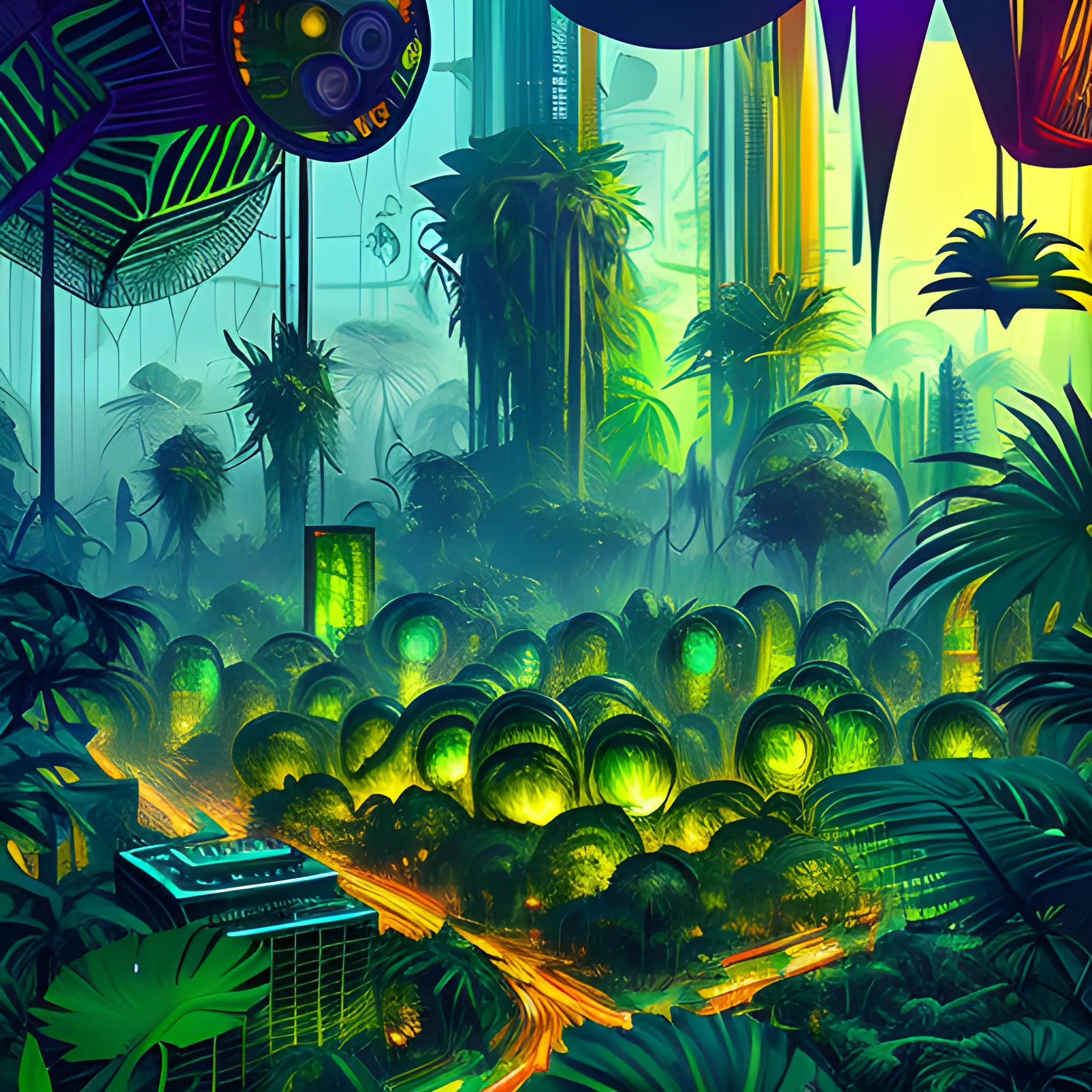 In the style of abstract expressionism, a playful and random lighting technique illuminates a surreal scene of a (((jungle metropolis))), where towering plants and futuristic skyscrapers merge together in a colorful and chaotic landscape., 3D