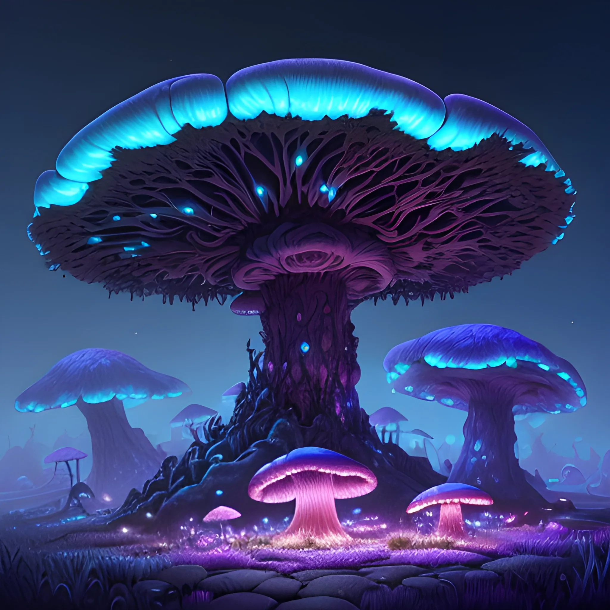 concept art painting of a fantasy alien fungal landscape at night, with glowing blue lights, glowing blue mushrooms, dark purple sky, realistic, detailed, cel shaded, in the style of makoto shinkai and greg rutkowski and albert bierstadt and james gurney, Trippy