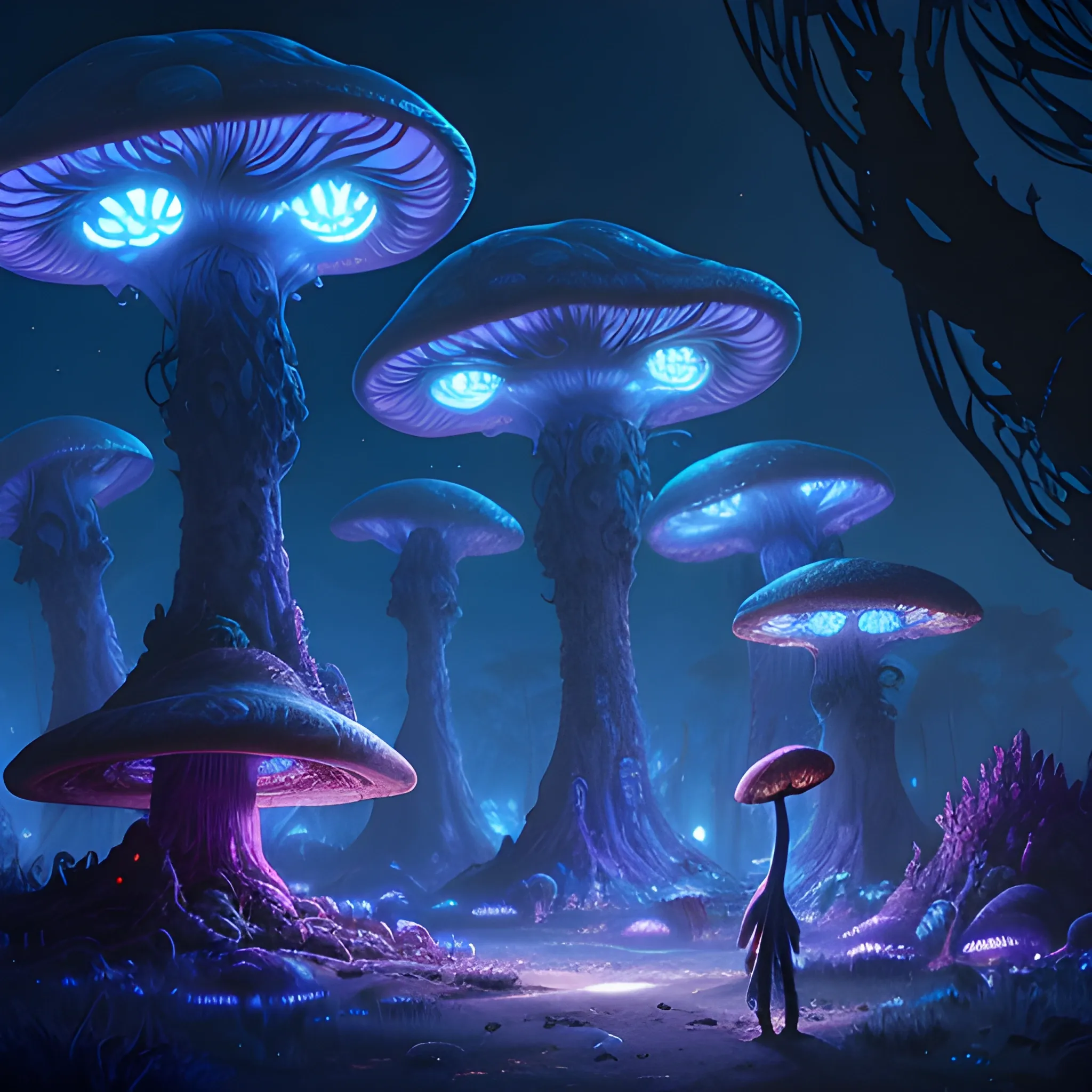 concept art painting of a fantasy alien fungal landscape at night, with glowing blue lights, glowing blue mushrooms, dark purple sky, realistic, detailed, cel shaded, in the style of makoto shinkai and greg rutkowski and albert bierstadt and james gurney, Trippy