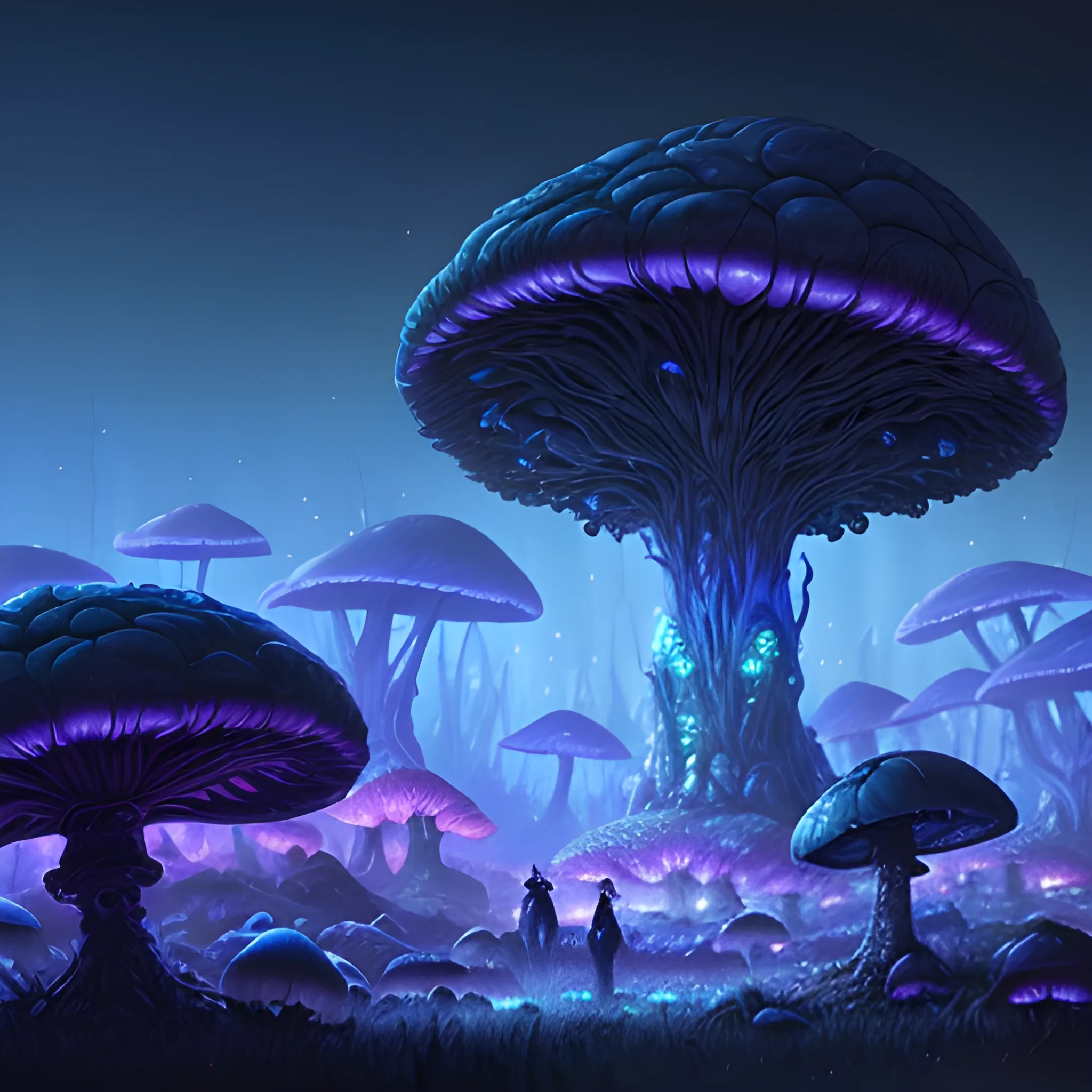 concept art painting of a fantasy alien fungal landscape at night, with glowing blue lights, glowing blue mushrooms, dark purple sky, realistic, detailed, cel shaded, in the style of makoto shinkai and greg rutkowski and albert bierstadt and james gurney, Trippy, Trippy