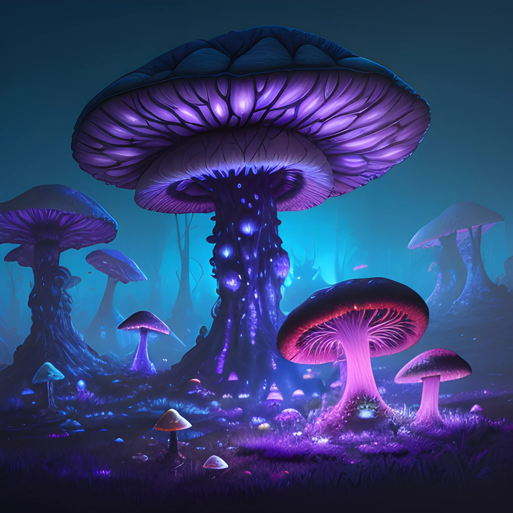 concept art painting of a fantasy alien fungal landscape at night, with glowing blue lights, glowing blue mushrooms, dark purple sky, realistic, detailed, cel shaded, in the style of makoto shinkai and greg rutkowski and albert bierstadt and james gurney, Trippy, Trippy, Trippy