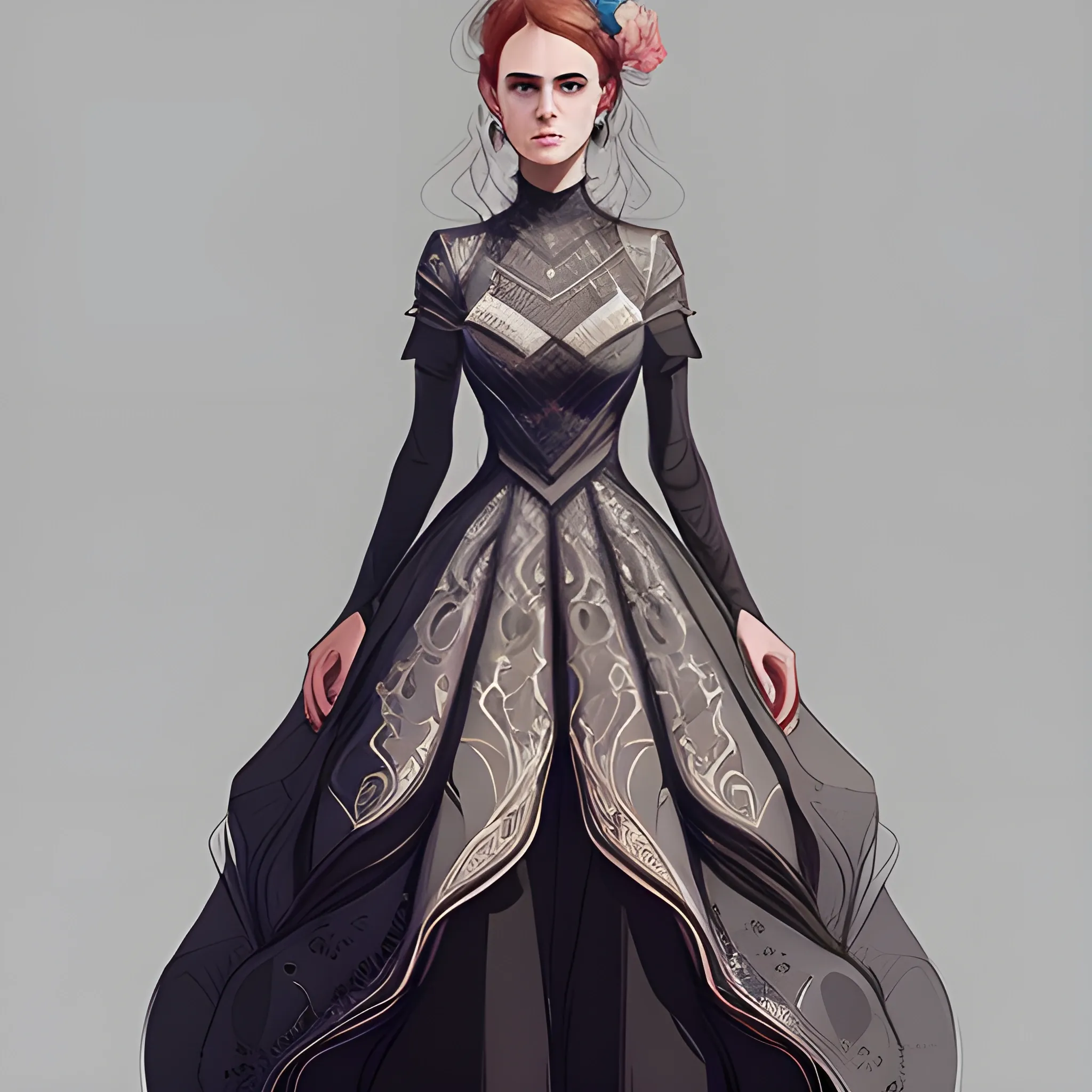 

A woman wearing a dress designed using a combination of many styles, ArtStation trending, detailed, digital art, calm colors,