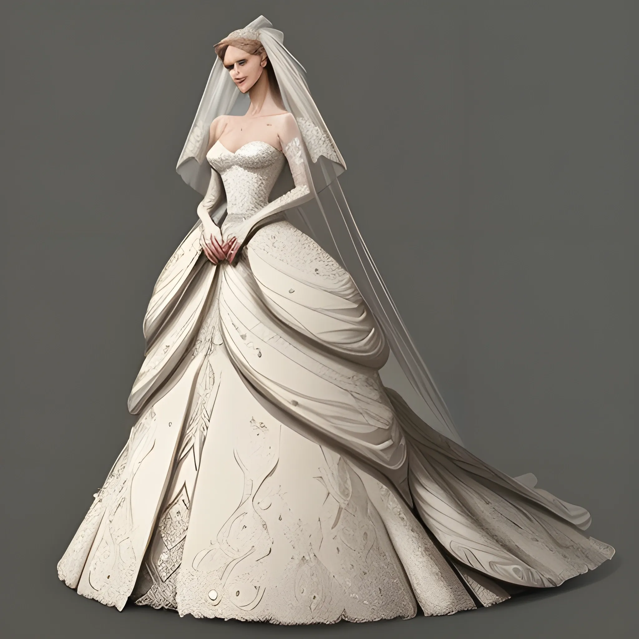 

A woman wearing an incredibly magnificent wedding dress designed using a combination of many styles, ArtStation trending, detailed, digital art, calm colors,