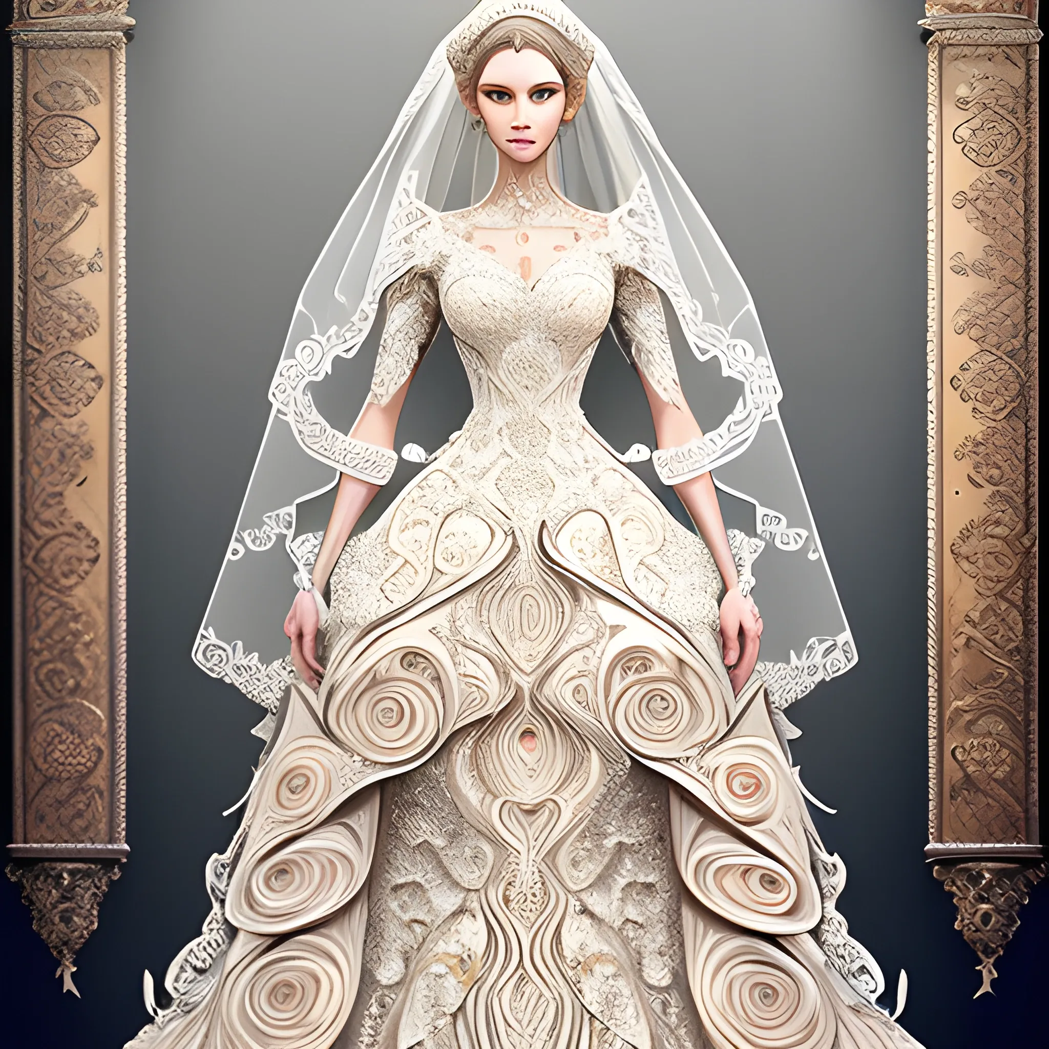 

A woman wearing a magnificent incredibly intricate  wedding dress designed using a combination of many styles, ArtStation trending, detailed, digital art, calm colors, lifelike,