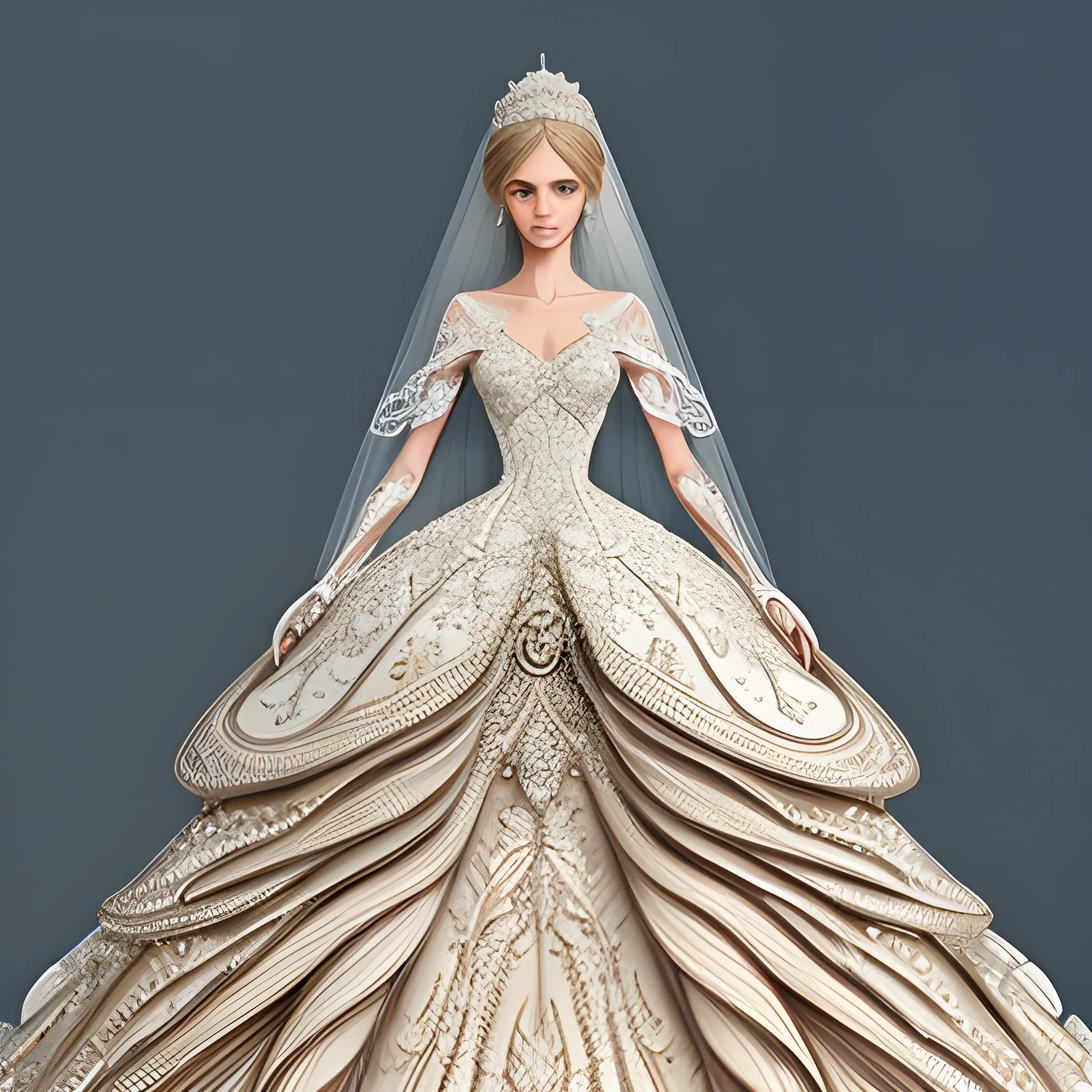 

A woman wearing a magnificent incredibly intricate  wedding dress designed using a combination of many styles, ArtStation trending, detailed, digital art, calm colors, lifelike,