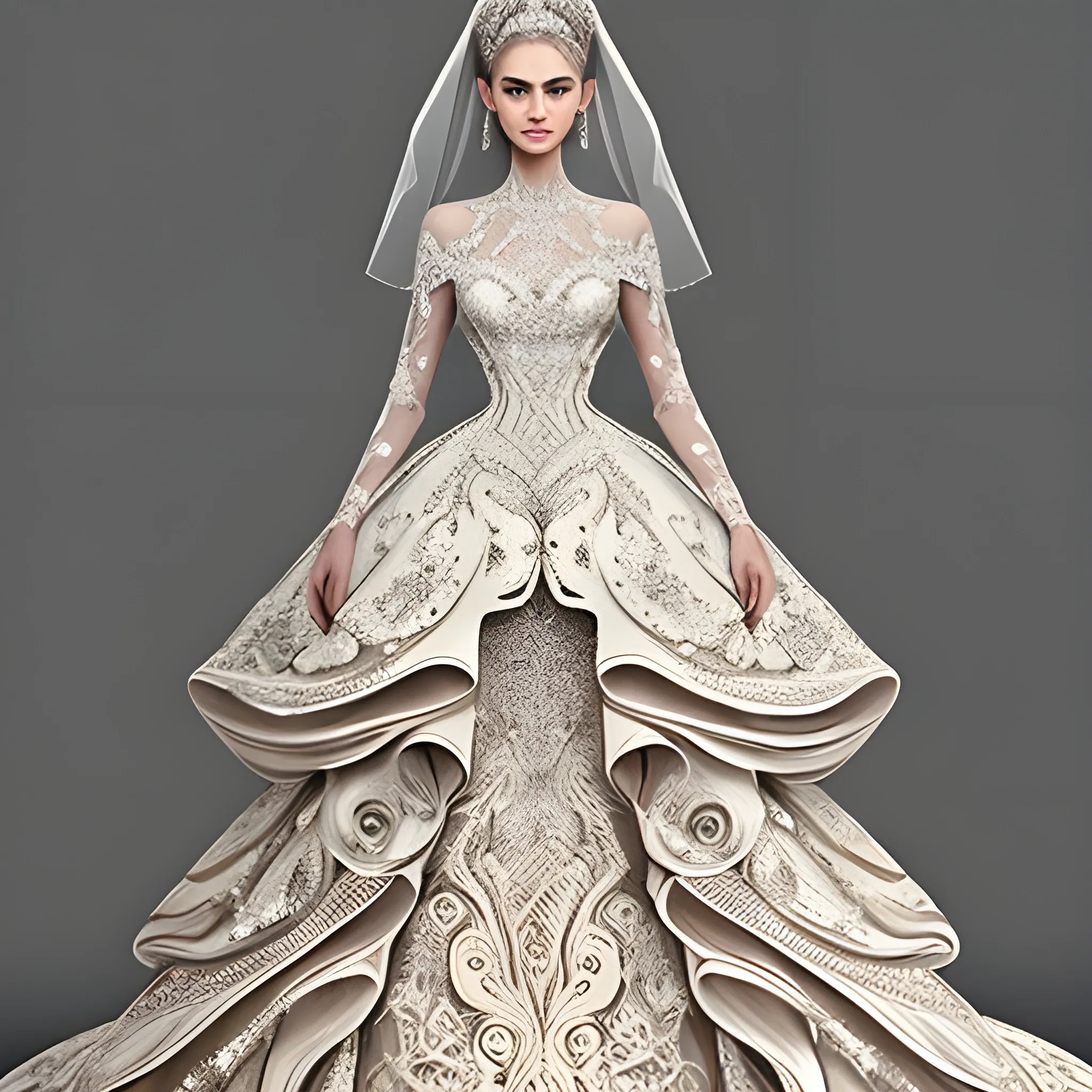 A woman wearing a magnificent incredibly intricate wedding dr ...
