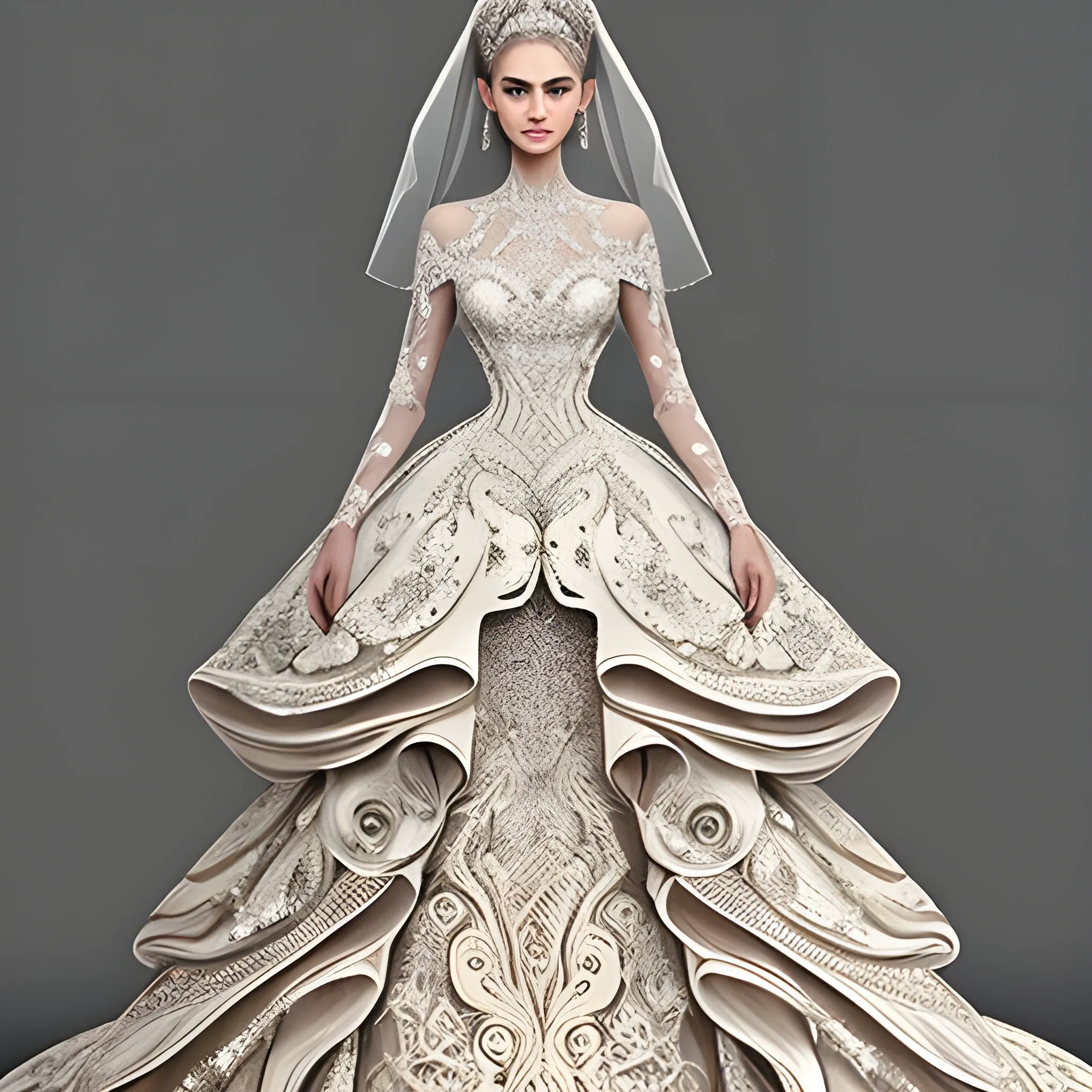 

A woman wearing a magnificent incredibly intricate  wedding dress designed using a combination of many styles, ArtStation trending, detailed, lifelike,