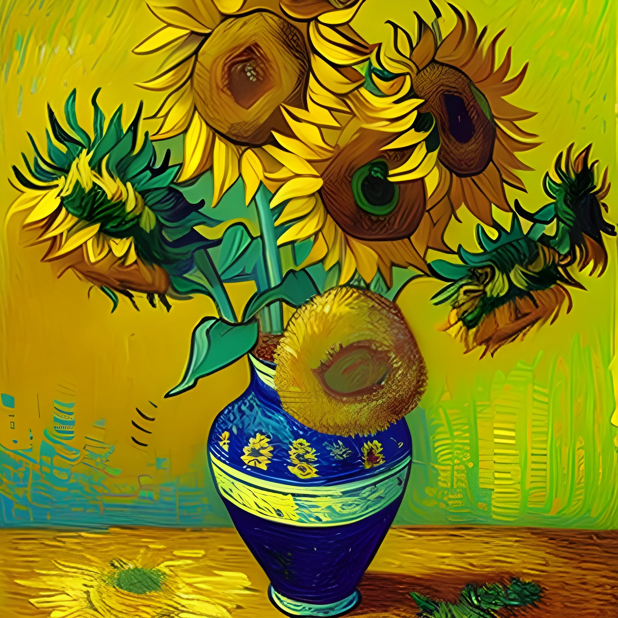 Oil painting of a vase of sunflowers in the style of Vincent Van Gogh's paintings, Oil Painting