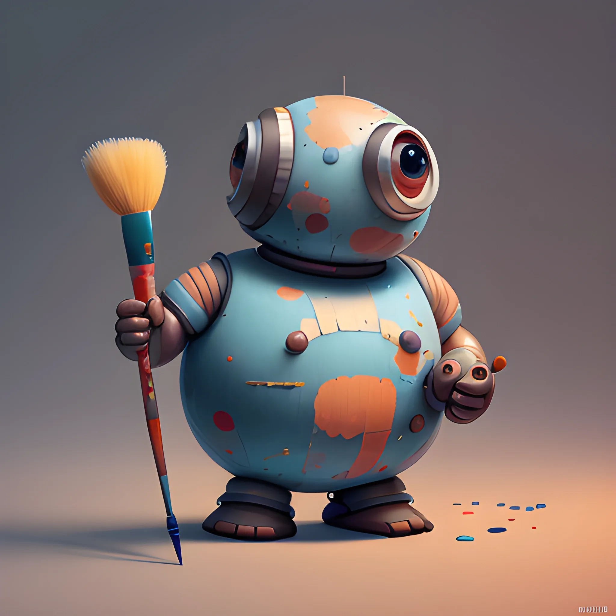 portrait of cute round robot with big paintbrushes as arms, painting a canvas, cute, pixar, photorealism 4 k, octane render, clean design, beautiful light