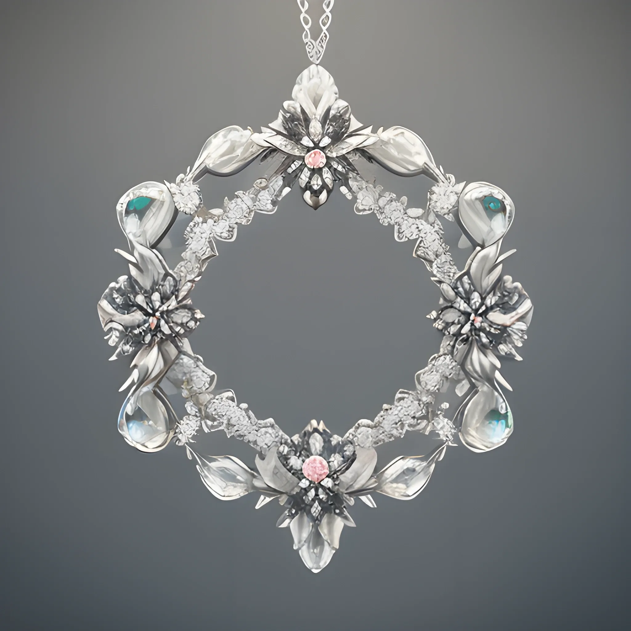 intricate!! organic, nordic wedding ring and necklace, silver gemstones and diamond, isolated on a dreamy floral background, refraction, occlusion, lower and upper levels, keyshot render, octane render, vray render


