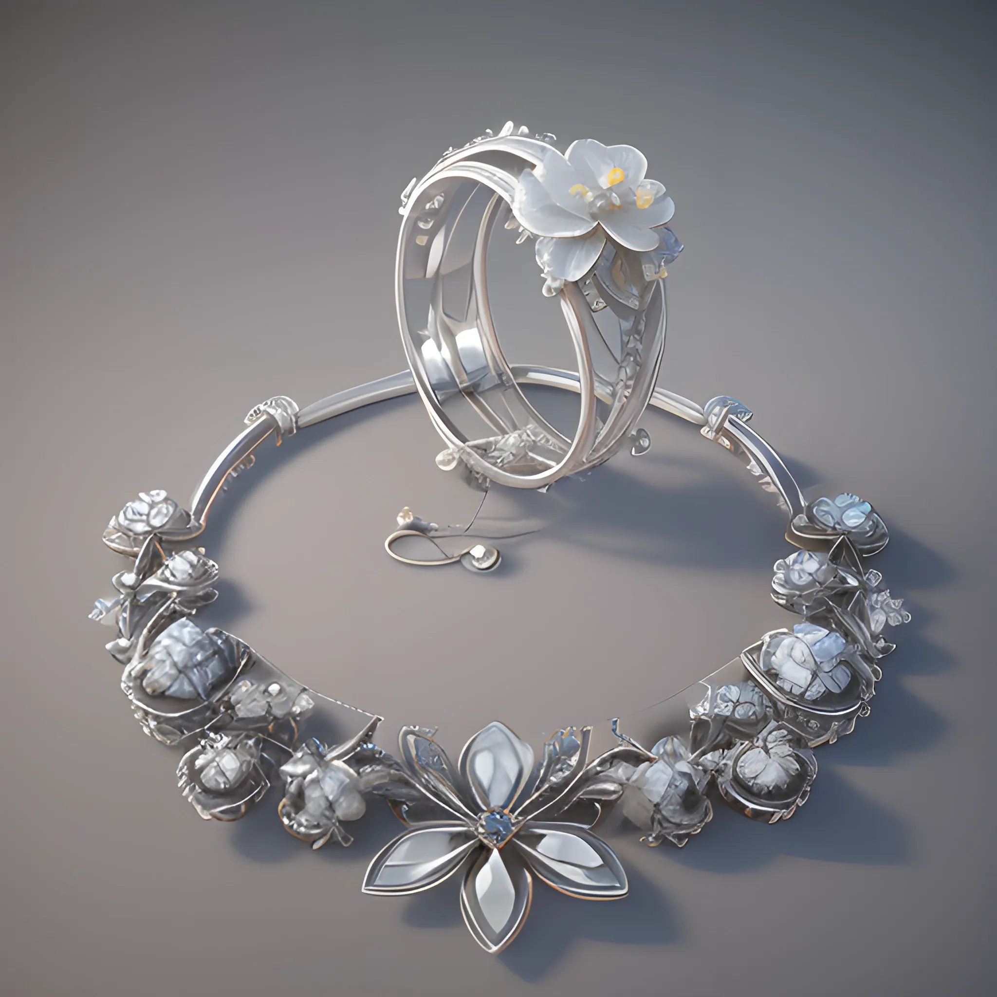 intricate!! organic, nordic wedding ring and necklace, silver gemstones and diamond, isolated on a dreamy floral background, refraction, occlusion, lower and upper levels, keyshot render, octane render, vray render


