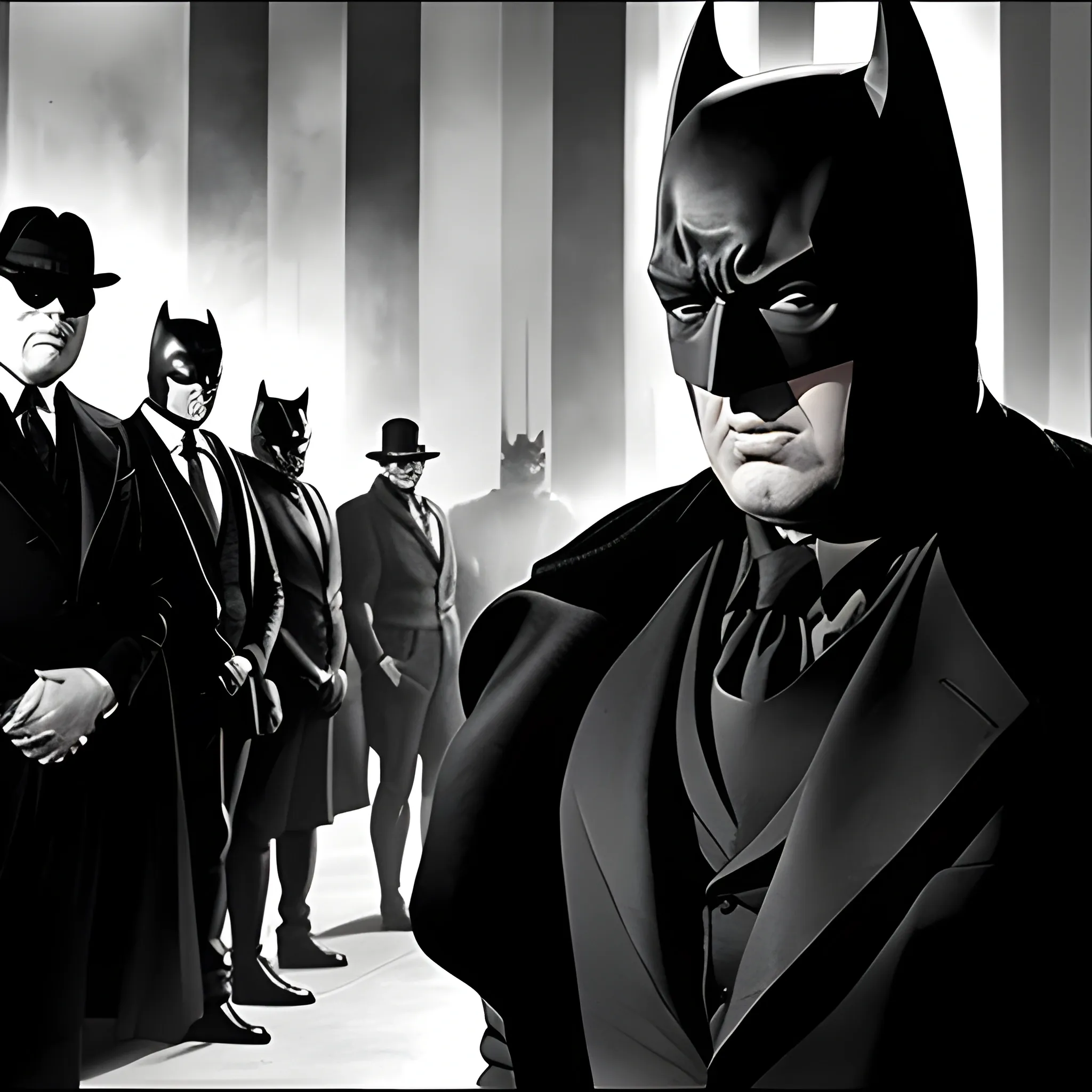 Batman Noir movie directed by Orson Welles, Fritz Lang, John Huston, Alfred Hitchcock, Otto Preminger, Billy Wilder, Mervyn LeRoy, Charles Laughton, photorealistic.