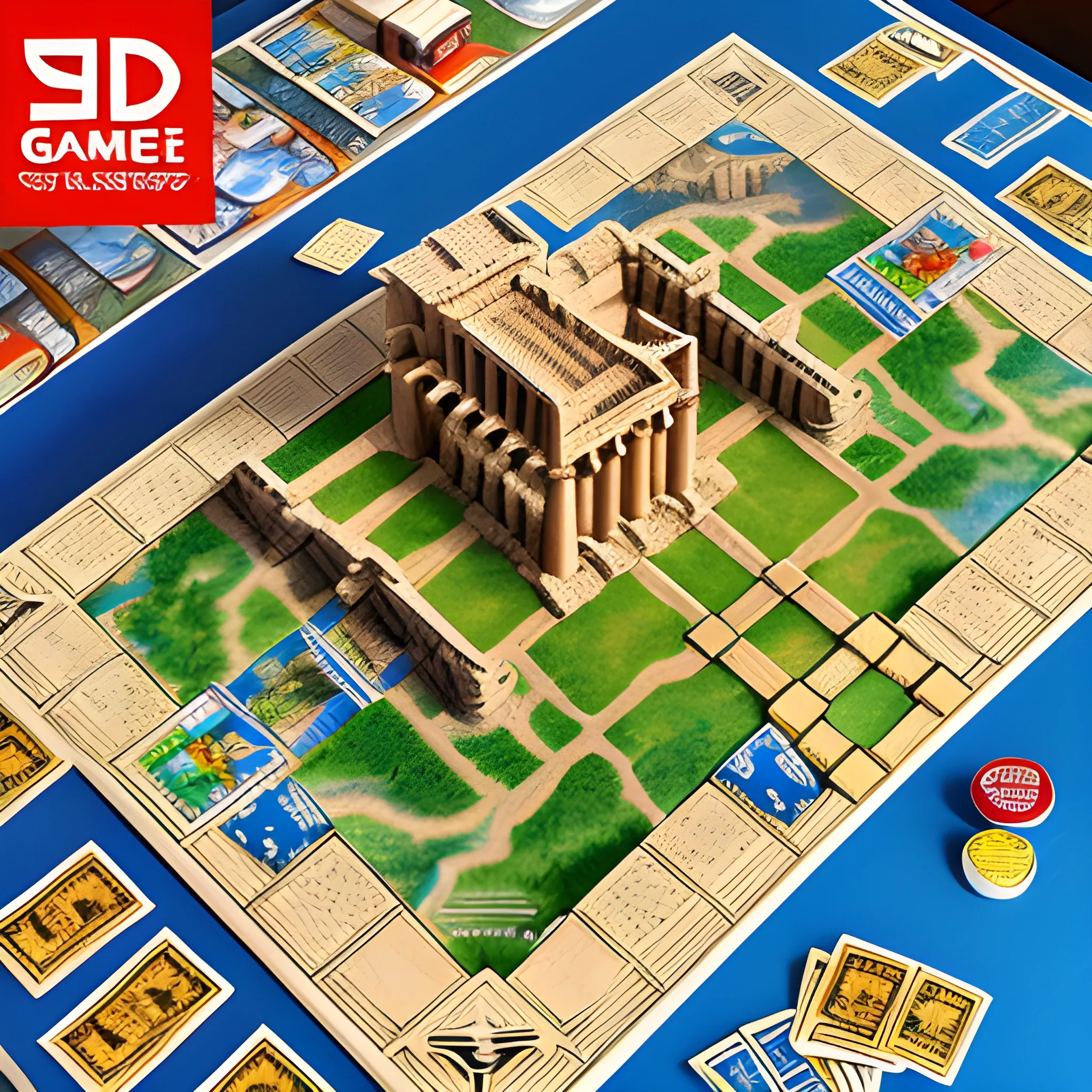 High definition illustration for the cover of a games magazine, print and play board games, Greece, role-playing games, strategy, culture, childhood, adults, board game with content expansion on Greece. greek island tokens and cards, the parthenon, acropolis, athens