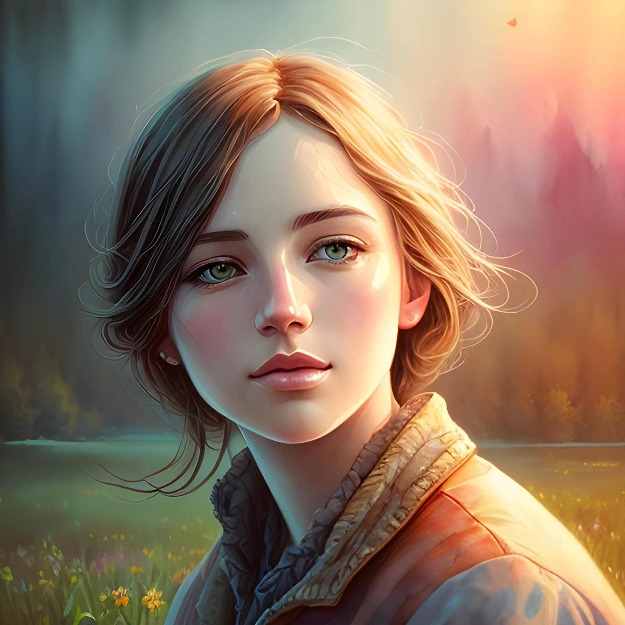 portrait, Highly detailed beautiful painting landscape,  bright colors, atmospheric lighting sympathy, cinematic composition, digital painting, elegant, beautiful, high detail, muted colors, watercolor style,