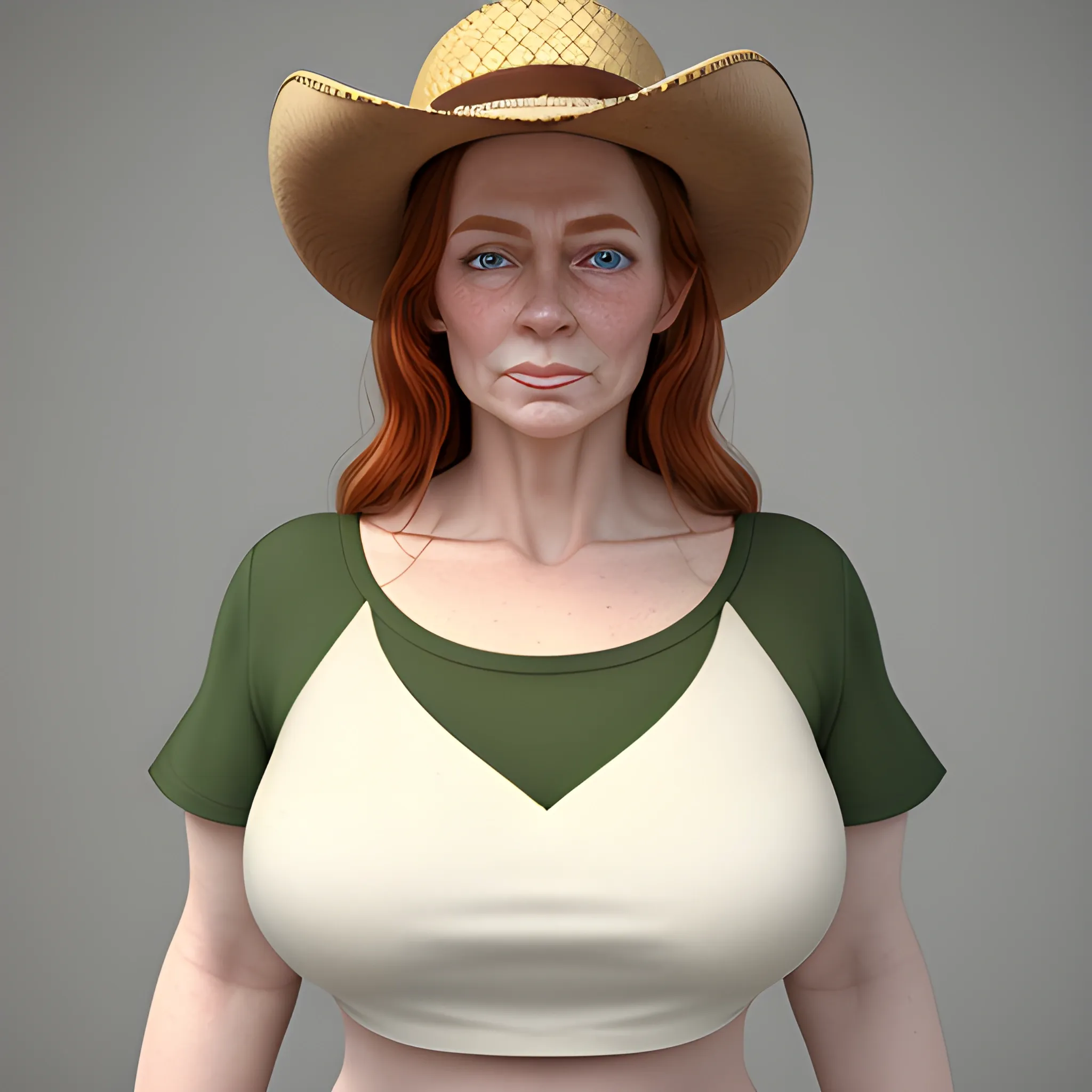 masterpiece, beautiful, 3D render, forty year old Caucasian female, wrinkles on the forehead, freckles on the face, pale skin, pine green eyes, long auburn hair, medium-sized bossom, chubby body, wide hips, unbuttoned white crop top shirt, cowboy hat, 3D