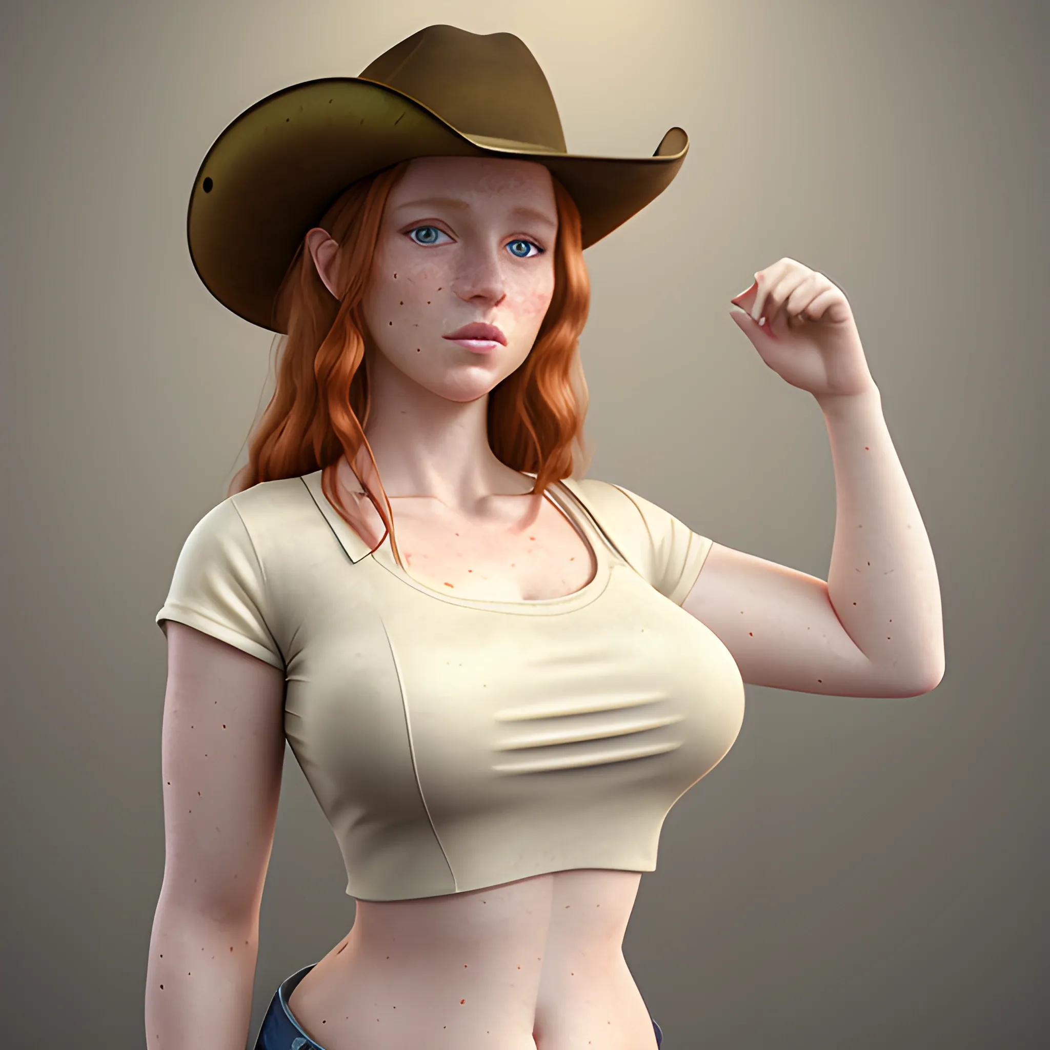 masterpiece, beautiful, 3D render, adult Caucasian female, wrinkles on the forehead, freckles on the face, pale skin, pine green eyes, long auburn hair, chubby body, wide hips, unbuttoned white crop top shirt, cowboy hat, Oil Painting