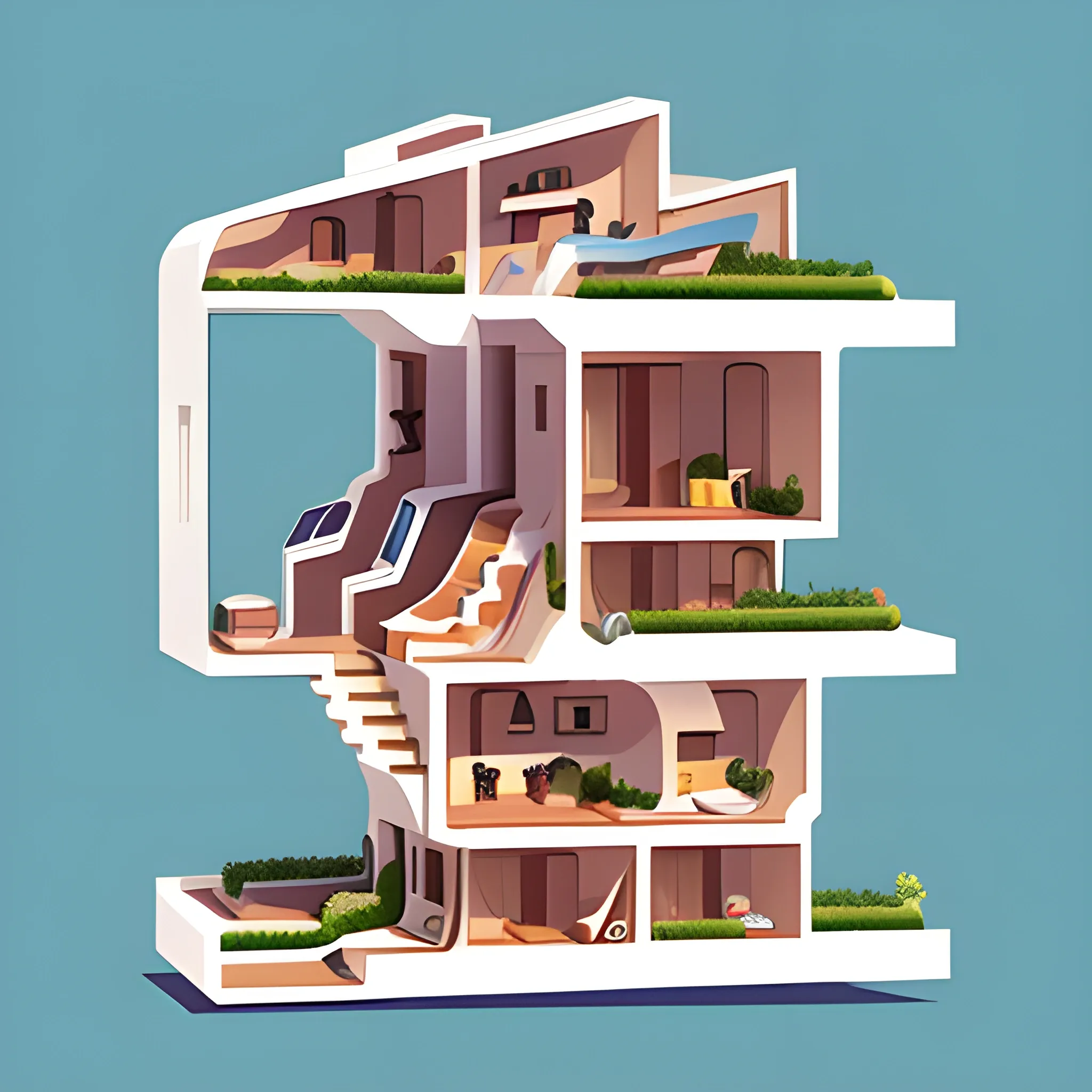 a beautiful flat 2 dimensional illustration of a cross section of a house, view from the side, a storybook illustration by muti, colorful, minimalism, featured on dribble, unique architecture, behance hd, dynamic composition


