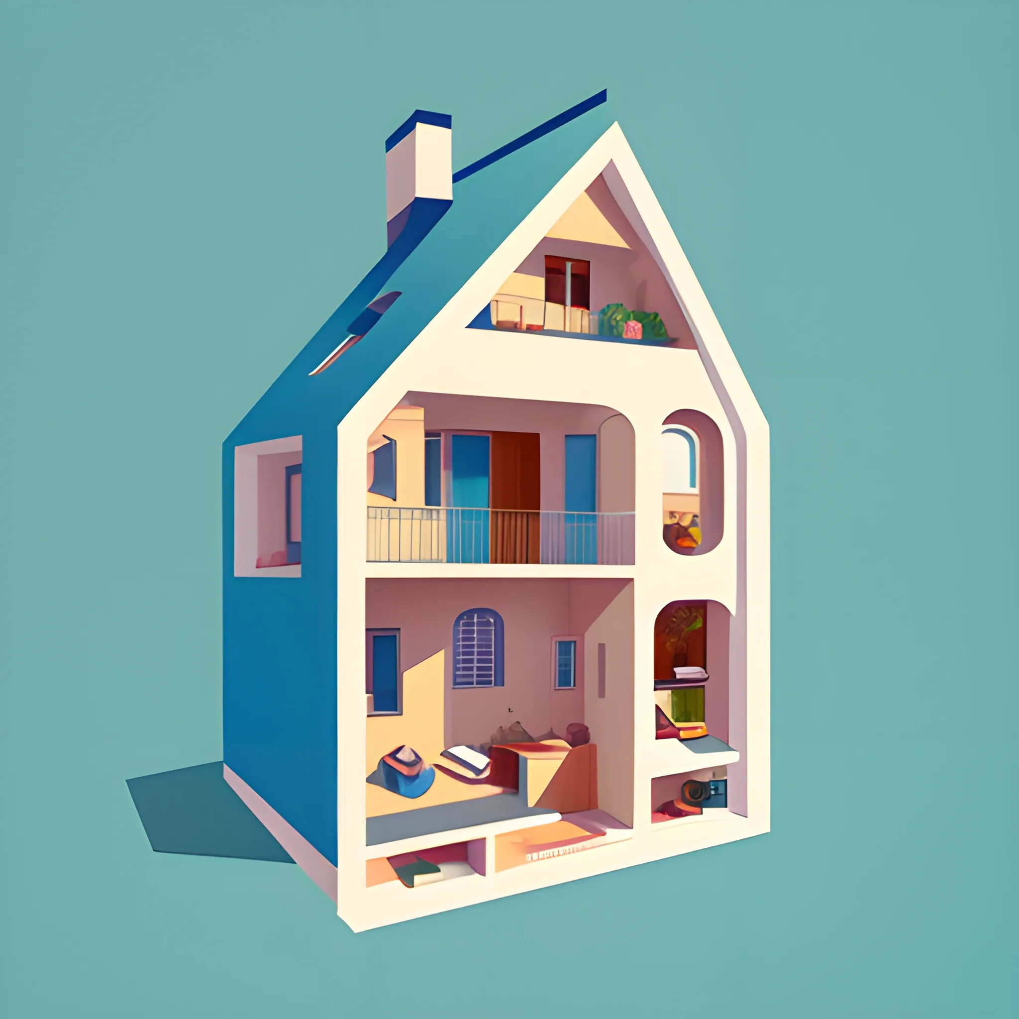 a beautiful flat 2 dimensional illustration of a cross section of a house, view from the side, a storybook illustration by muti, colorful, minimalism, featured on dribble, unique architecture, behance hd, dynamic composition


